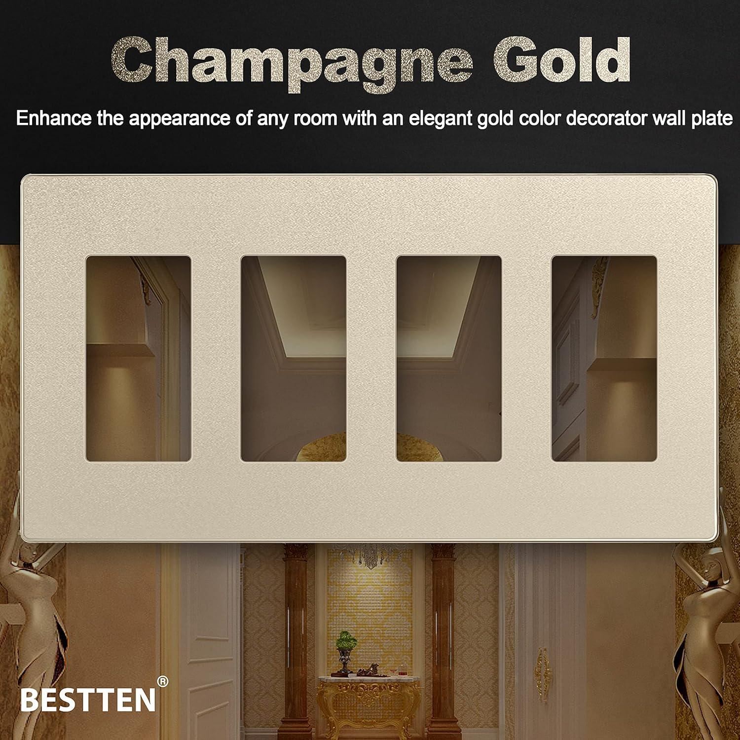 imageBESTTEN 2 Pack 4 Gang Champagne Gold Screwless Ourlet Cover Signature Collection Golden Decor Wall Plate for Light Switch Dimmer Receptacle H469 x W835Champagne Gold
