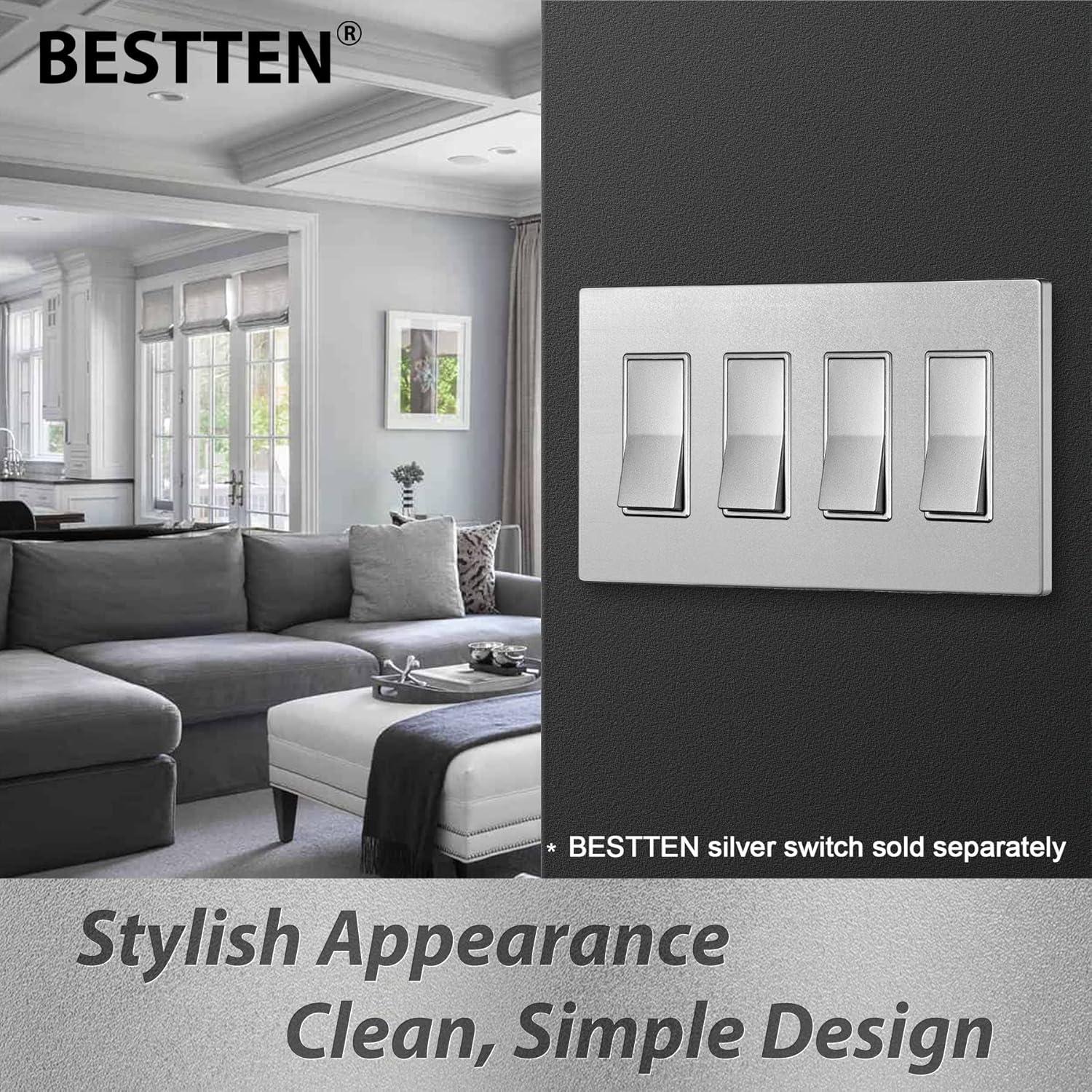 imageBESTTEN 2 Pack 4 Gang Champagne Gold Screwless Ourlet Cover Signature Collection Golden Decor Wall Plate for Light Switch Dimmer Receptacle H469 x W835Silver