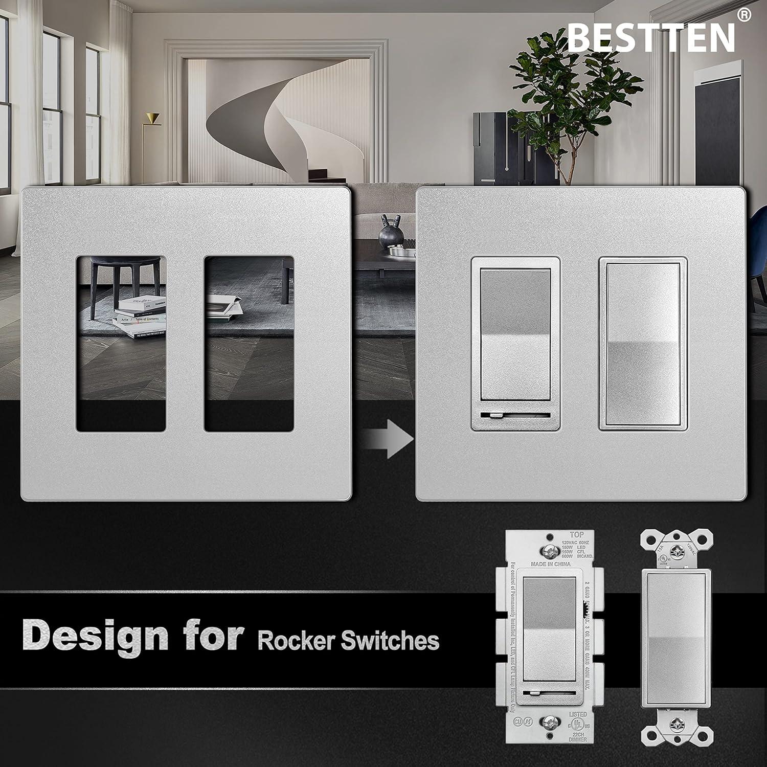 imageBESTTEN 2 Pack 4 Gang Champagne Gold Screwless Ourlet Cover Signature Collection Golden Decor Wall Plate for Light Switch Dimmer Receptacle H469 x W835Silver