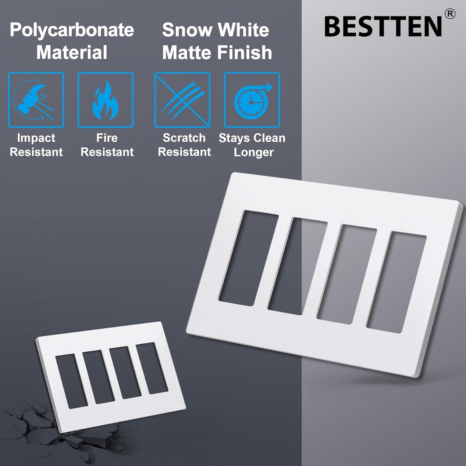 imageBESTTEN 2 Pack 4 Gang Champagne Gold Screwless Ourlet Cover Signature Collection Golden Decor Wall Plate for Light Switch Dimmer Receptacle H469 x W835Matte Snow White