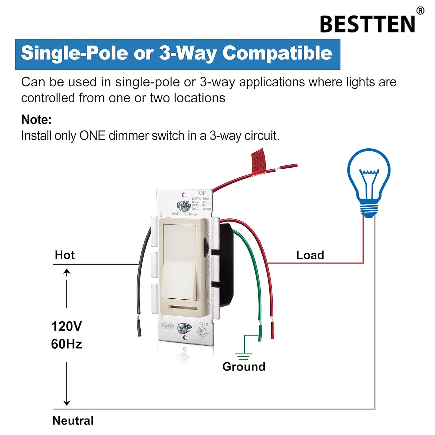 imageBESTTEN 2 Pack Almond Dimmer Wall Light Switch Compatible with Dimmable LED CFL Incandescent and Halogen Bulb Single Pole or 3Way Dimmer Switches 120VAC Decorator Wall Plate IncludedAlmond