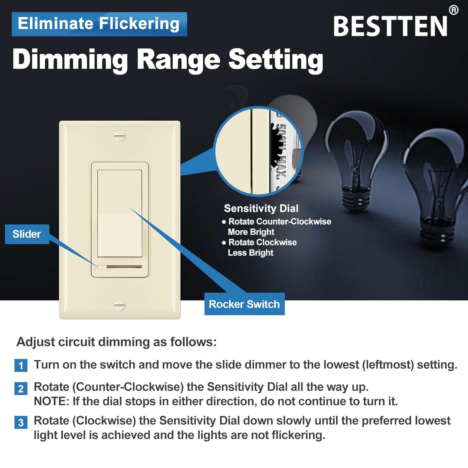 imageBESTTEN 2 Pack Almond Dimmer Wall Light Switch Compatible with Dimmable LED CFL Incandescent and Halogen Bulb Single Pole or 3Way Dimmer Switches 120VAC Decorator Wall Plate IncludedAlmond