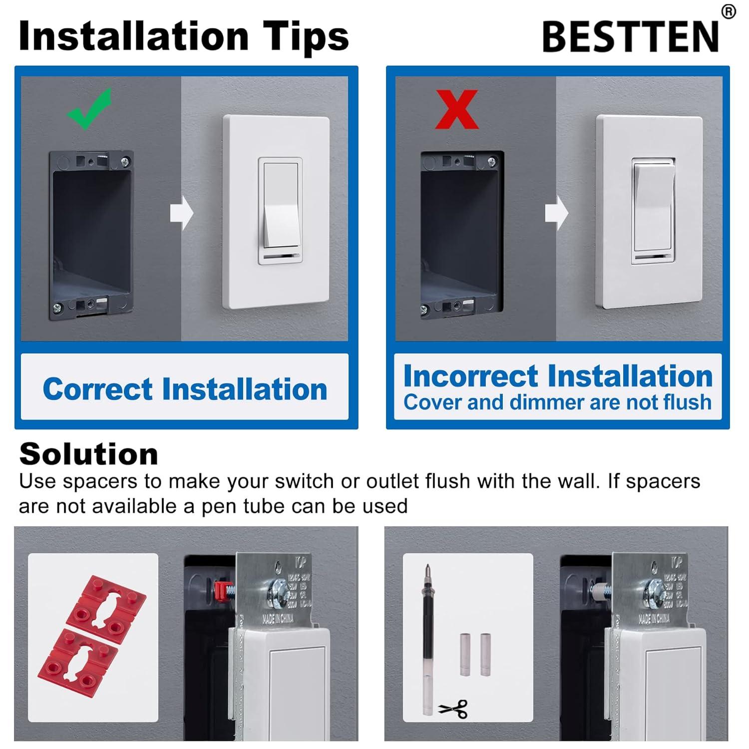 imageBESTTEN 2 Pack Almond Dimmer Wall Light Switch Compatible with Dimmable LED CFL Incandescent and Halogen Bulb Single Pole or 3Way Dimmer Switches 120VAC Decorator Wall Plate IncludedBlack