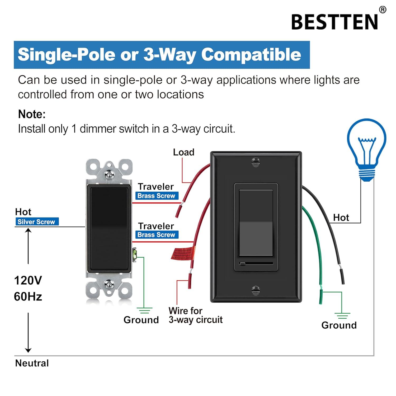 imageBESTTEN 2 Pack Almond Dimmer Wall Light Switch Compatible with Dimmable LED CFL Incandescent and Halogen Bulb Single Pole or 3Way Dimmer Switches 120VAC Decorator Wall Plate IncludedBlack