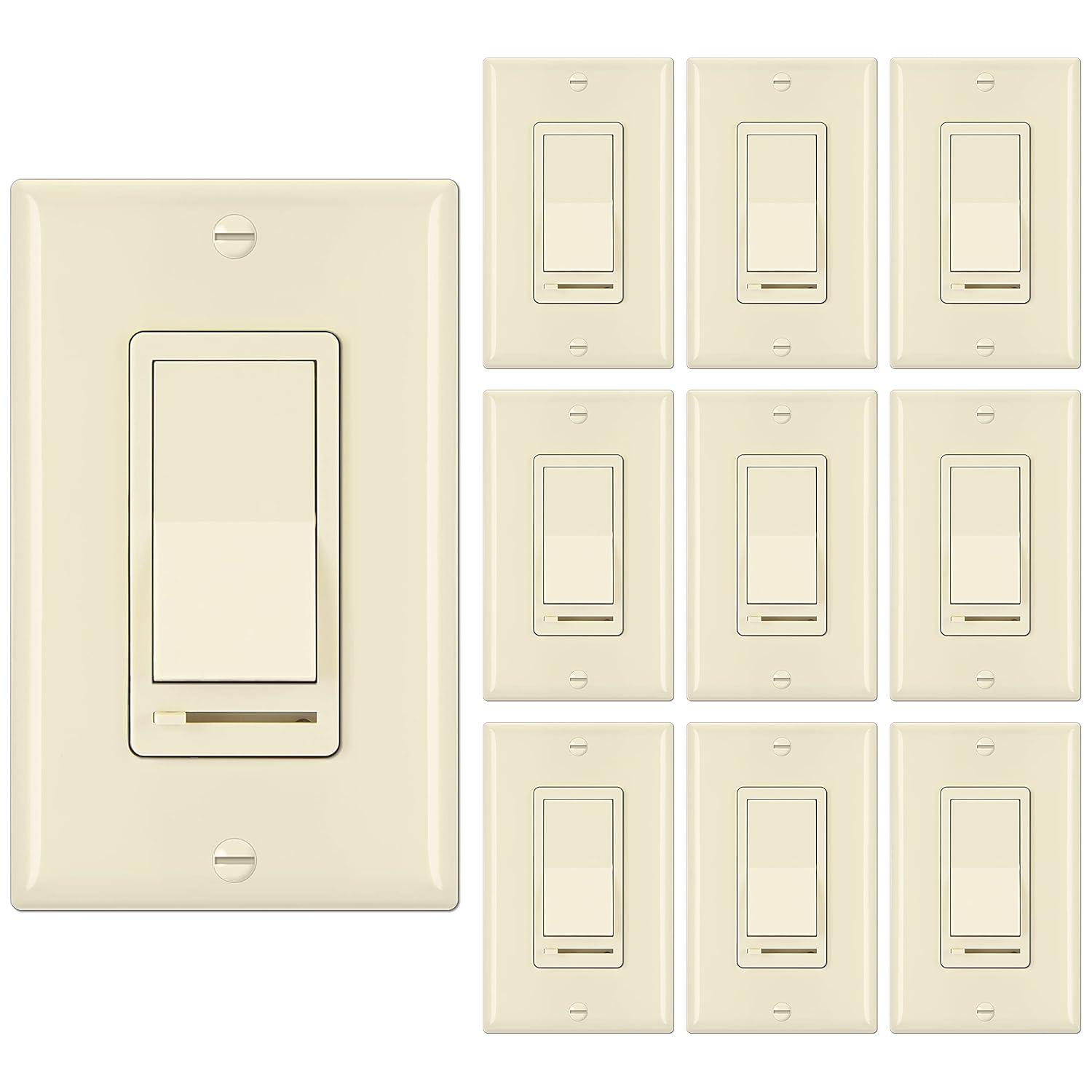 imageBESTTEN 2 Pack Almond Dimmer Wall Light Switch Compatible with Dimmable LED CFL Incandescent and Halogen Bulb Single Pole or 3Way Dimmer Switches 120VAC Decorator Wall Plate IncludedAlmond