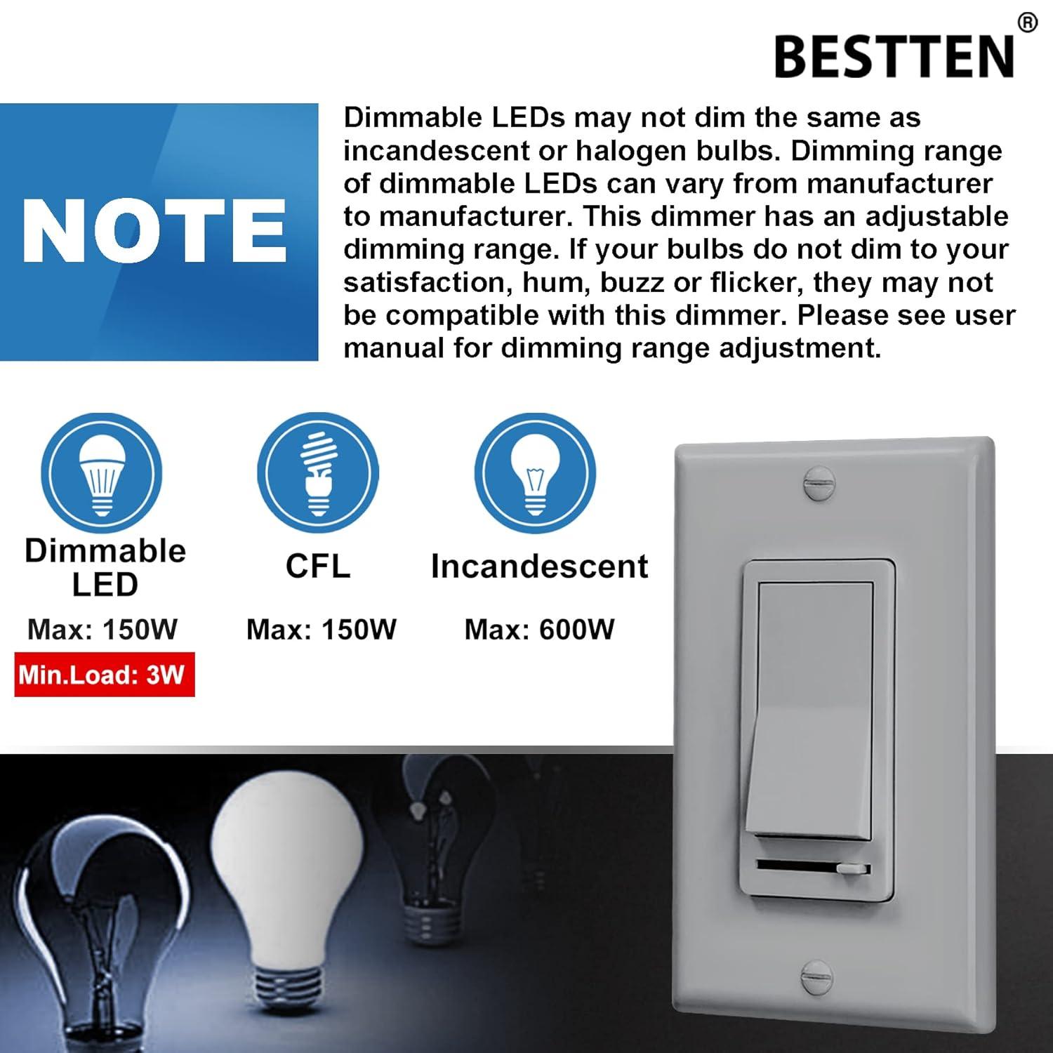 imageBESTTEN 2 Pack Almond Dimmer Wall Light Switch Compatible with Dimmable LED CFL Incandescent and Halogen Bulb Single Pole or 3Way Dimmer Switches 120VAC Decorator Wall Plate IncludedGray