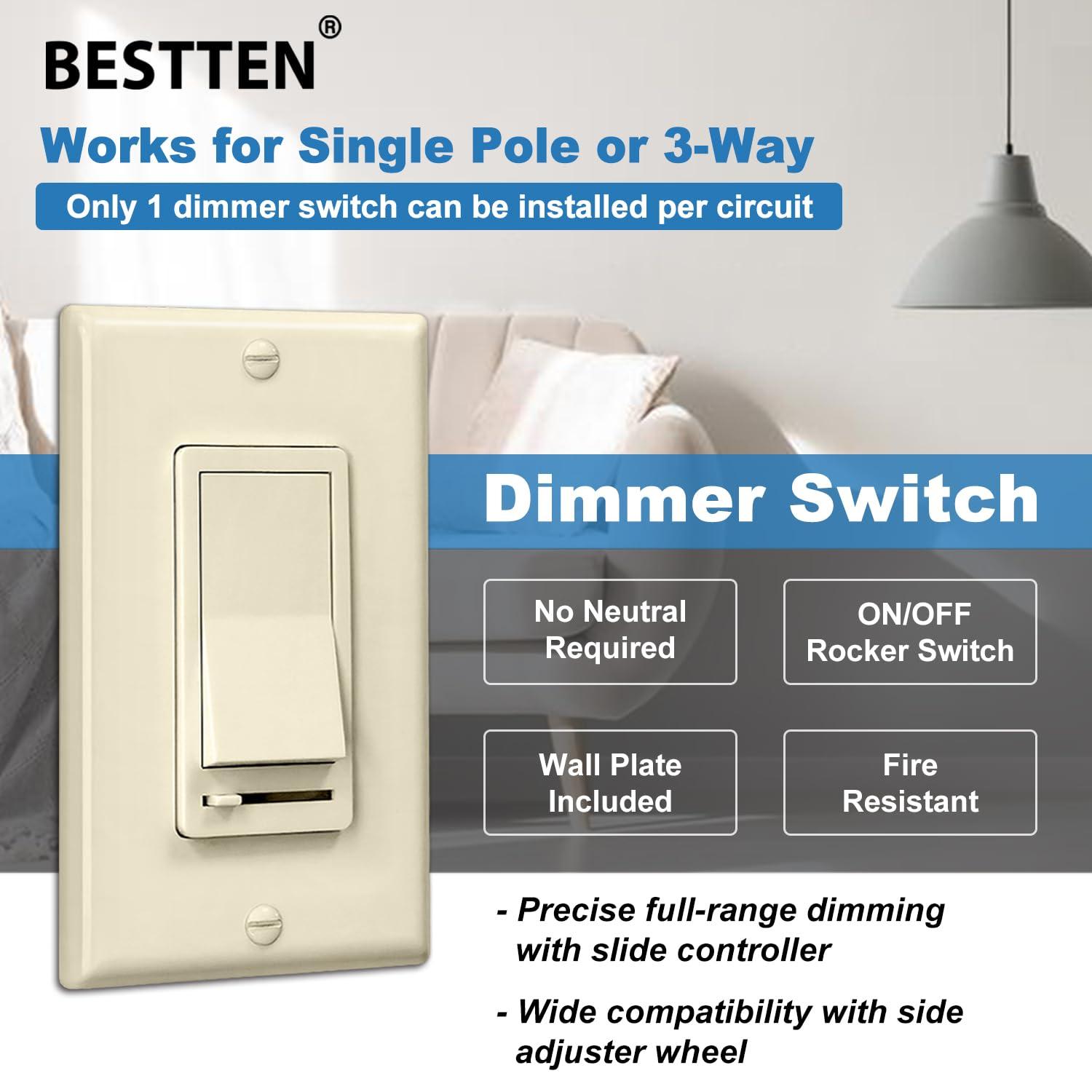 imageBESTTEN 2 Pack Almond Dimmer Wall Light Switch Compatible with Dimmable LED CFL Incandescent and Halogen Bulb Single Pole or 3Way Dimmer Switches 120VAC Decorator Wall Plate IncludedAlmond