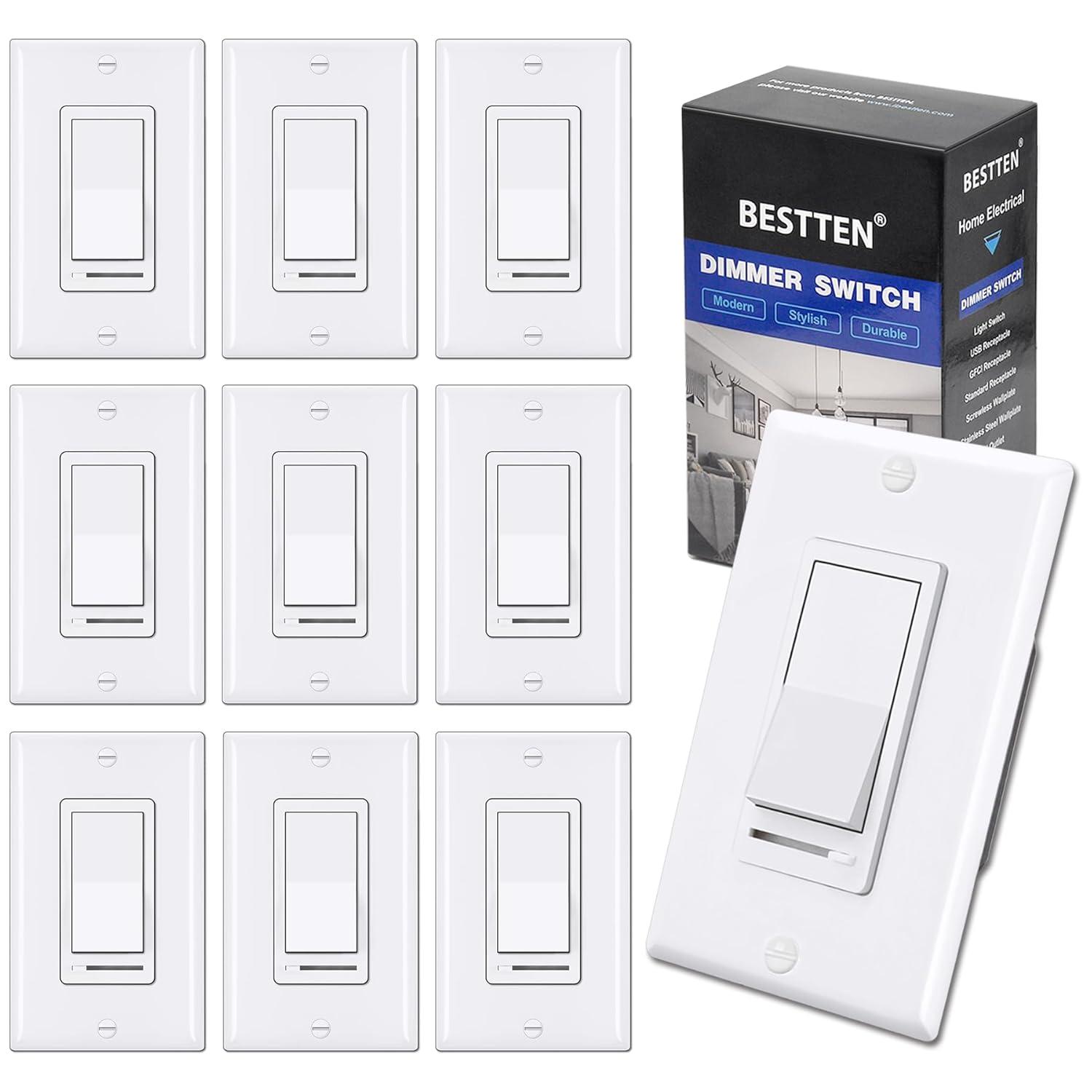 imageBESTTEN 2 Pack Almond Dimmer Wall Light Switch Compatible with Dimmable LED CFL Incandescent and Halogen Bulb Single Pole or 3Way Dimmer Switches 120VAC Decorator Wall Plate IncludedWhite