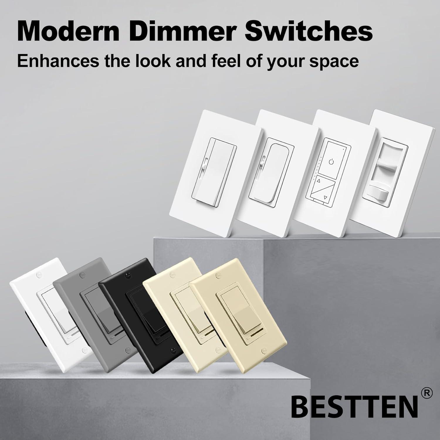 imageBESTTEN 2 Pack Almond Dimmer Wall Light Switch Compatible with Dimmable LED CFL Incandescent and Halogen Bulb Single Pole or 3Way Dimmer Switches 120VAC Decorator Wall Plate IncludedWhite