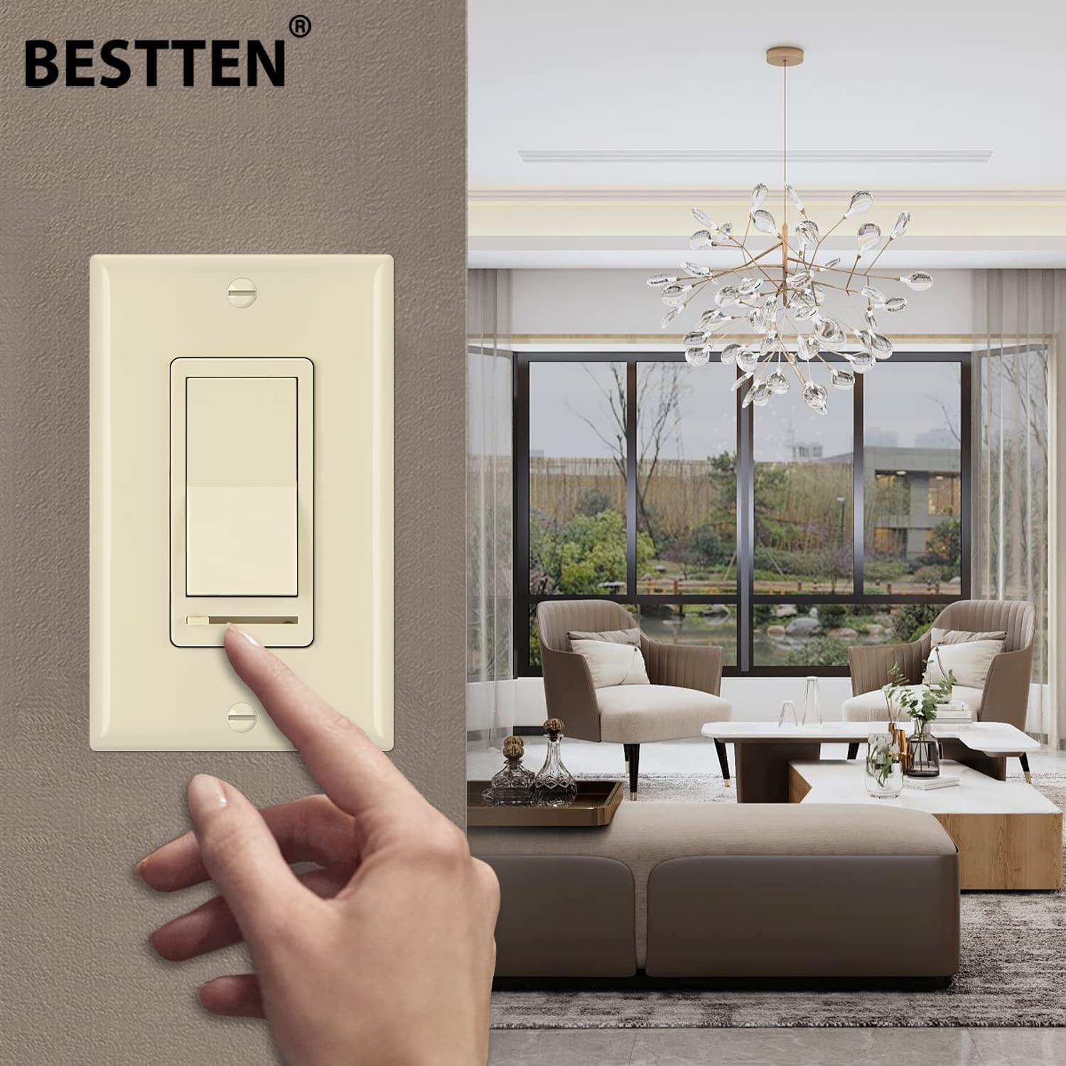 imageBESTTEN 2 Pack Almond Dimmer Wall Light Switch Compatible with Dimmable LED CFL Incandescent and Halogen Bulb Single Pole or 3Way Dimmer Switches 120VAC Decorator Wall Plate IncludedAlmond