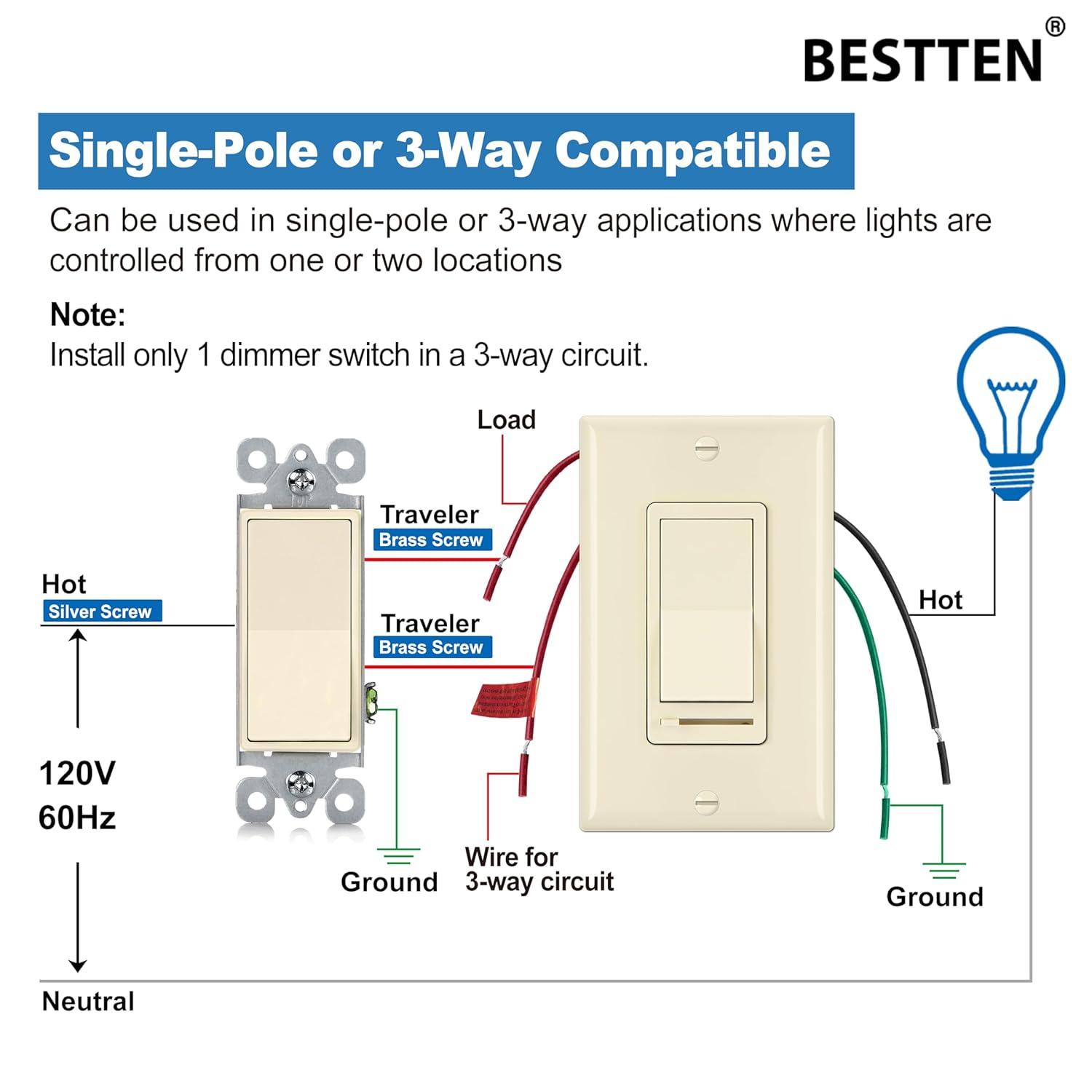 imageBESTTEN 2 Pack Almond Dimmer Wall Light Switch Compatible with Dimmable LED CFL Incandescent and Halogen Bulb Single Pole or 3Way Dimmer Switches 120VAC Decorator Wall Plate IncludedAlmond