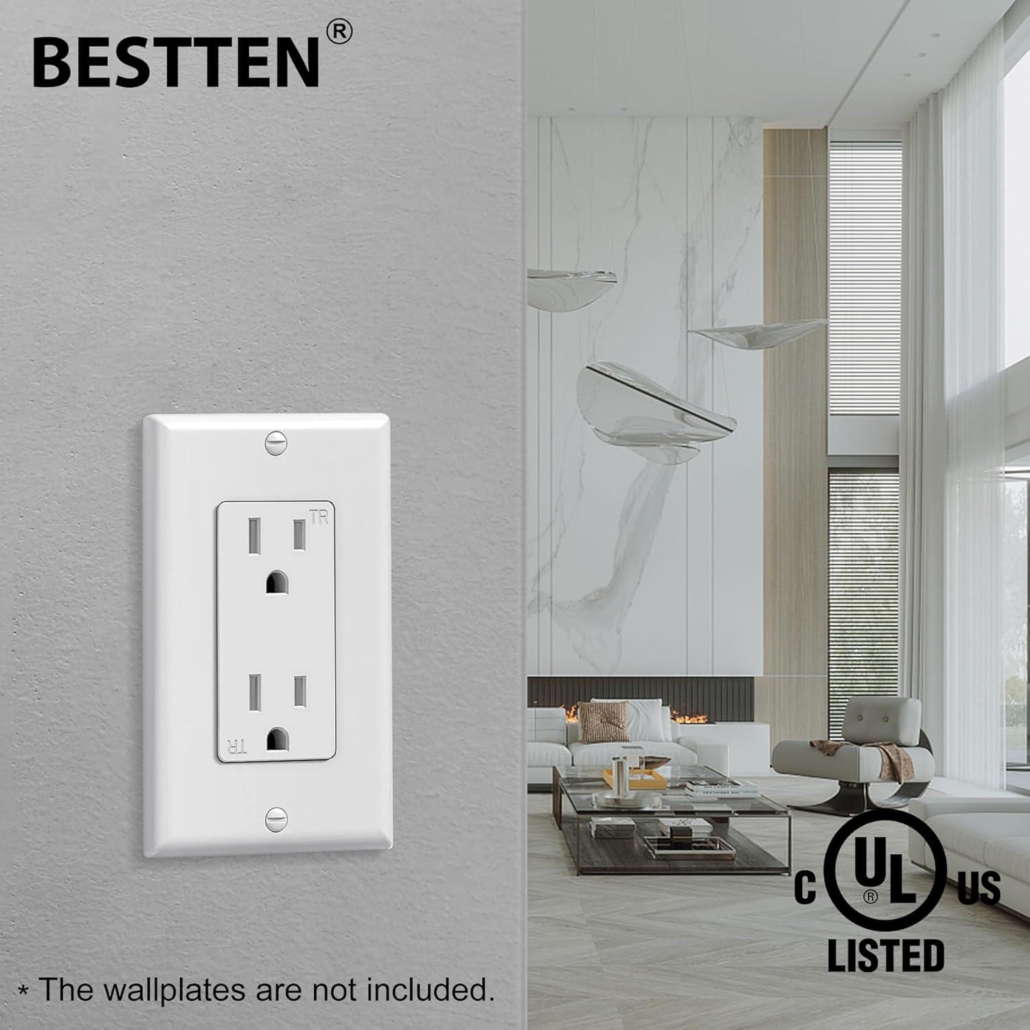imageBESTTEN 20 Amp Decorator Wall Receptacle Outlet TamperResistant 20A125V2500W Residential ampamp Commercial Use UL Listed 10 Pack White15 Amp