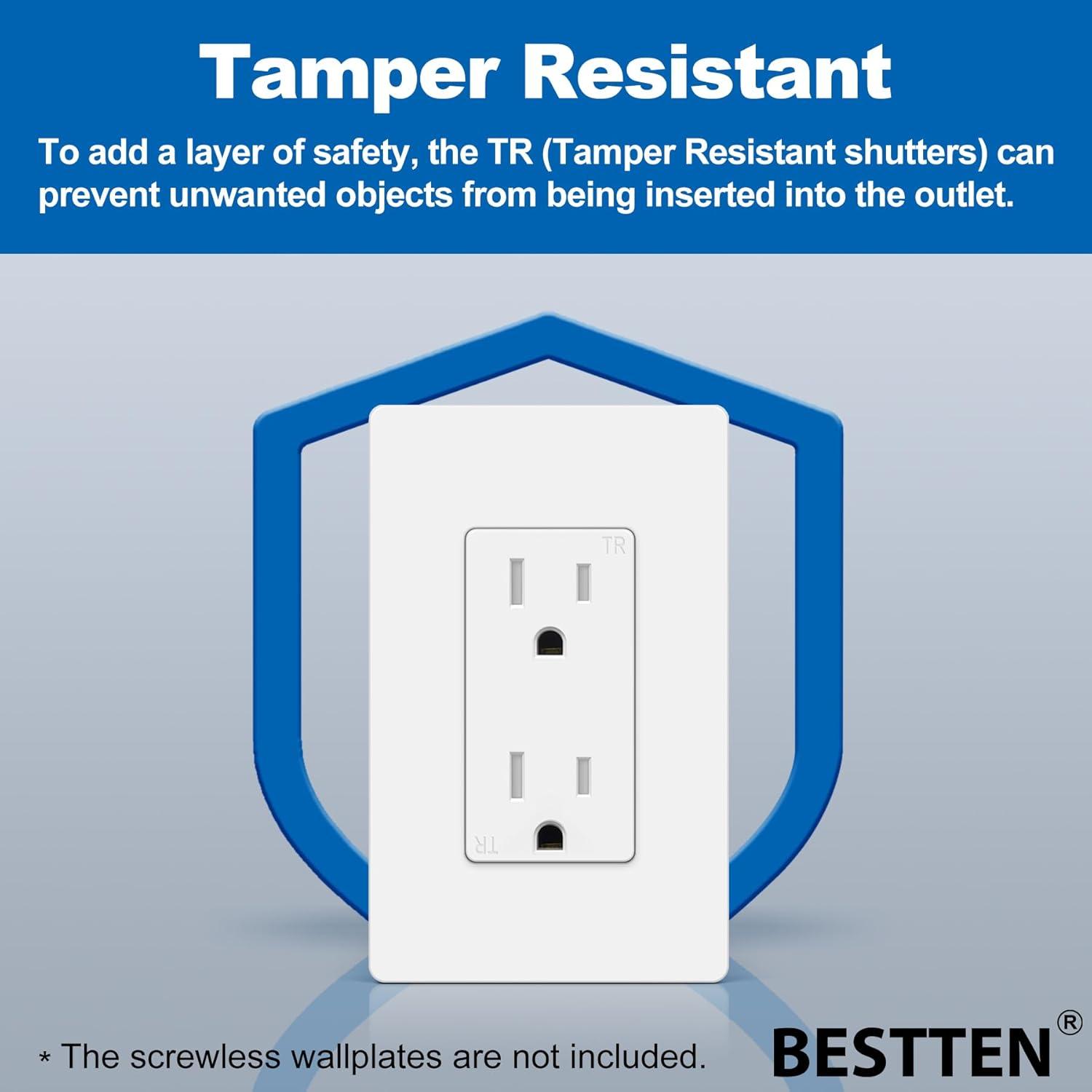 imageBESTTEN 20 Amp Decorator Wall Receptacle Outlet TamperResistant 20A125V2500W Residential ampamp Commercial Use UL Listed 10 Pack White15 Amp