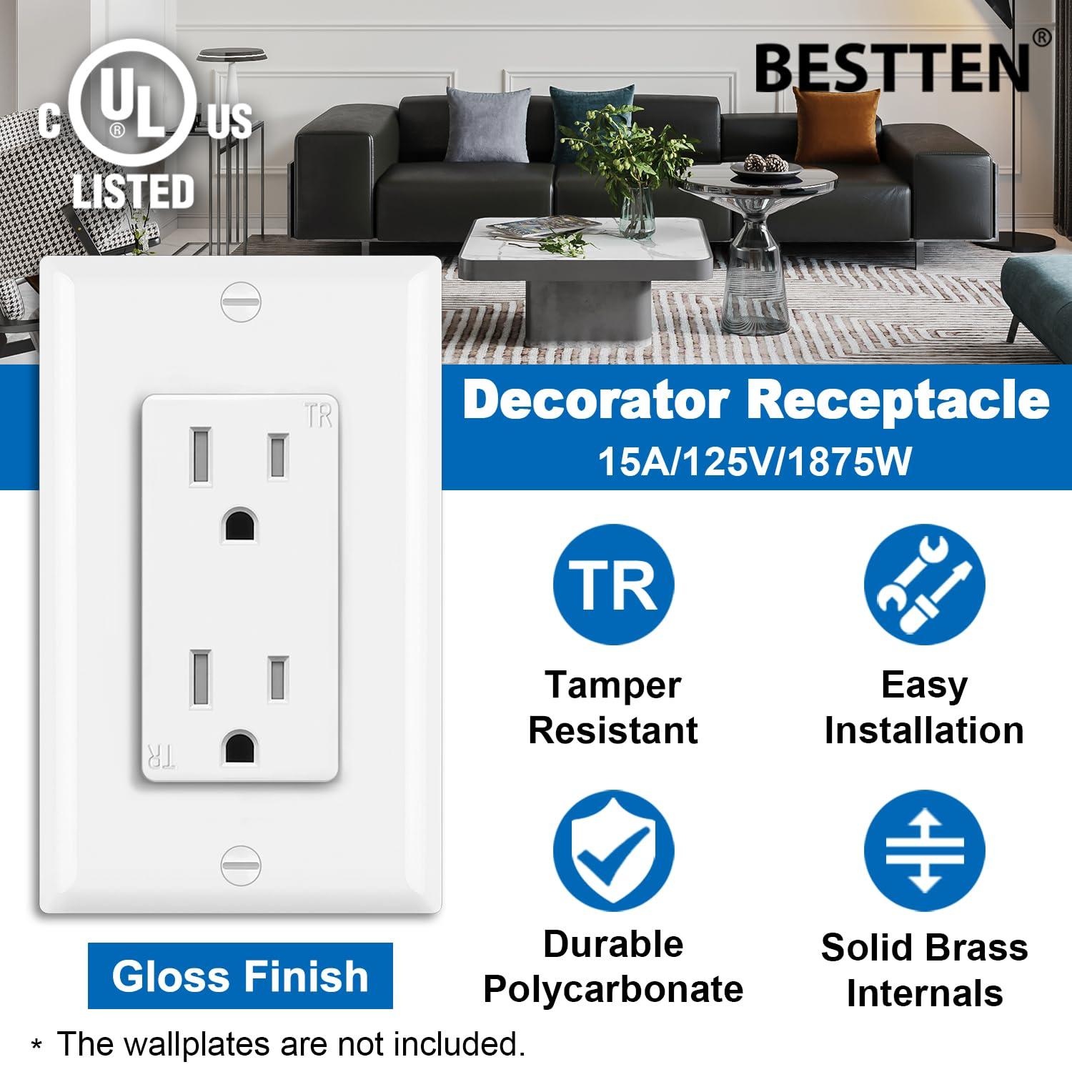 imageBESTTEN 20 Amp Decorator Wall Receptacle Outlet TamperResistant 20A125V2500W Residential ampamp Commercial Use UL Listed 10 Pack White15 Amp