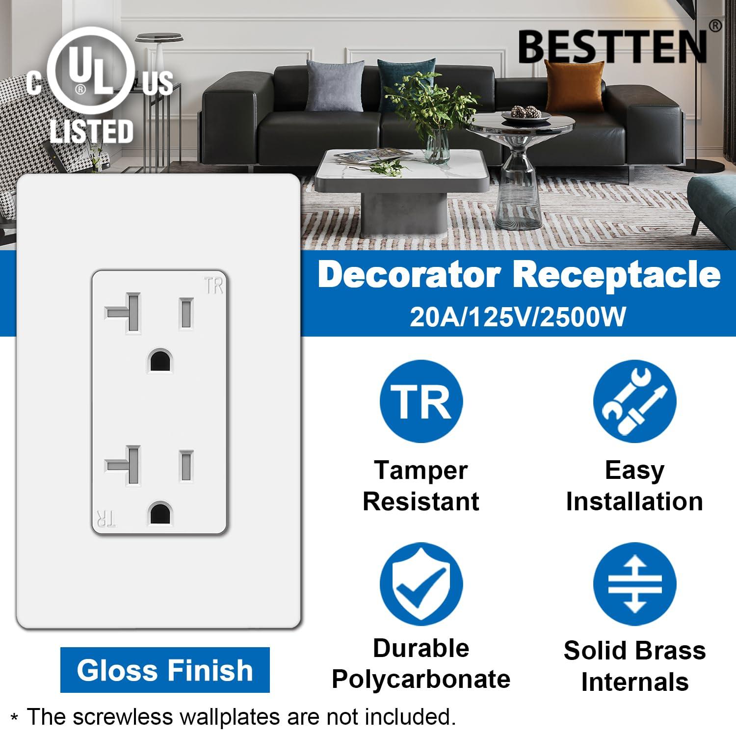 imageBESTTEN 20 Amp Decorator Wall Receptacle Outlet TamperResistant 20A125V2500W Residential ampamp Commercial Use UL Listed 10 Pack White20 Amp