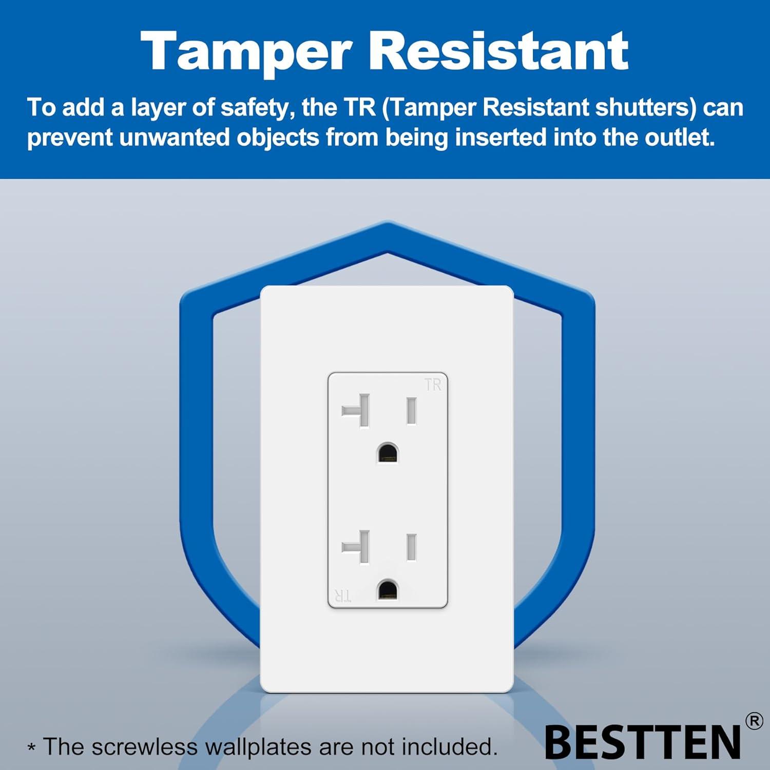 imageBESTTEN 20 Amp Decorator Wall Receptacle Outlet TamperResistant 20A125V2500W Residential ampamp Commercial Use UL Listed 10 Pack White20 Amp