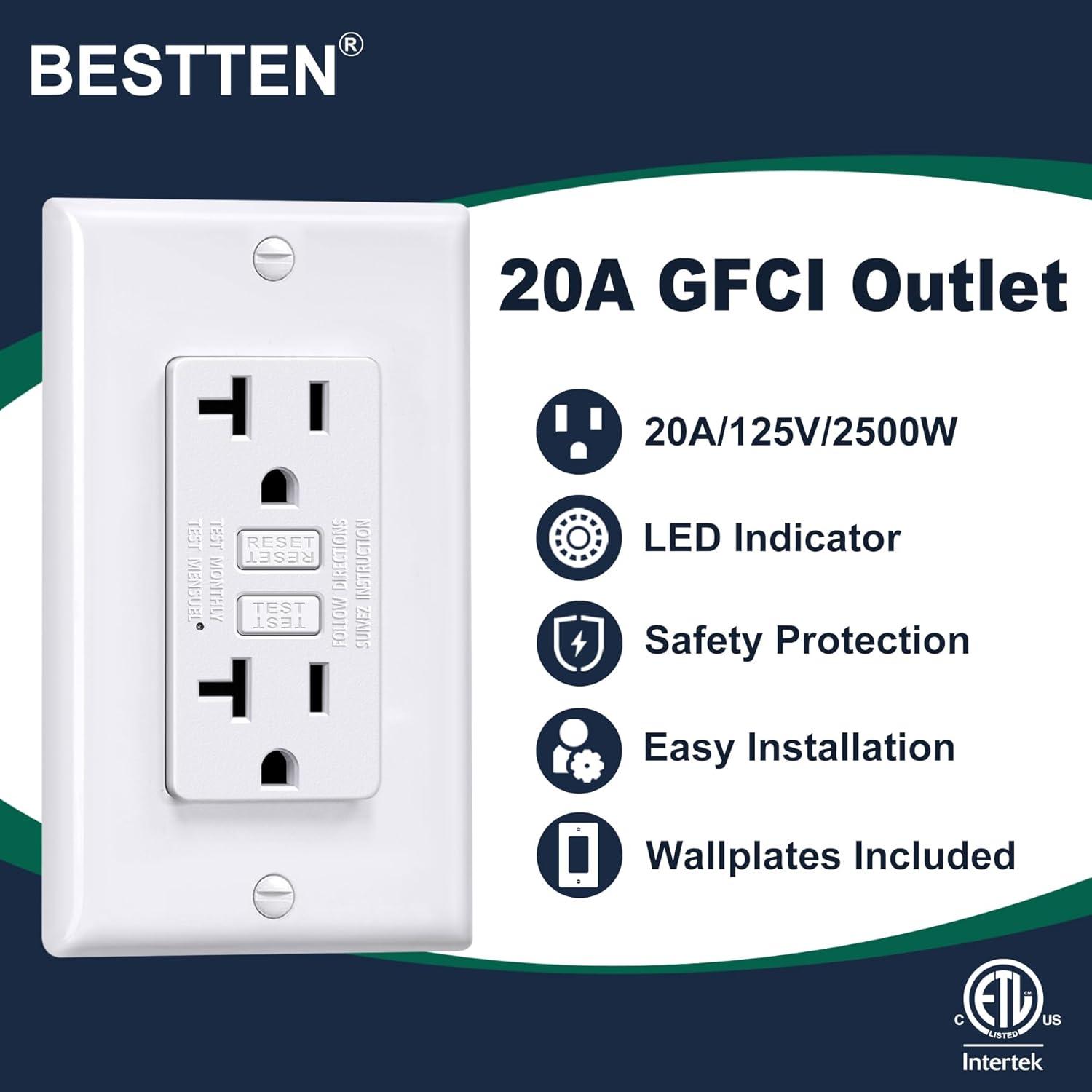 imageBESTTEN 20 Amp GFCI Outlet with Thinner Design GFI Electrical Outlet with LED Indicator NonTamperResistant GFCI Receptacle Wallplate Included ETL Certified 10 Pack White20 Amp