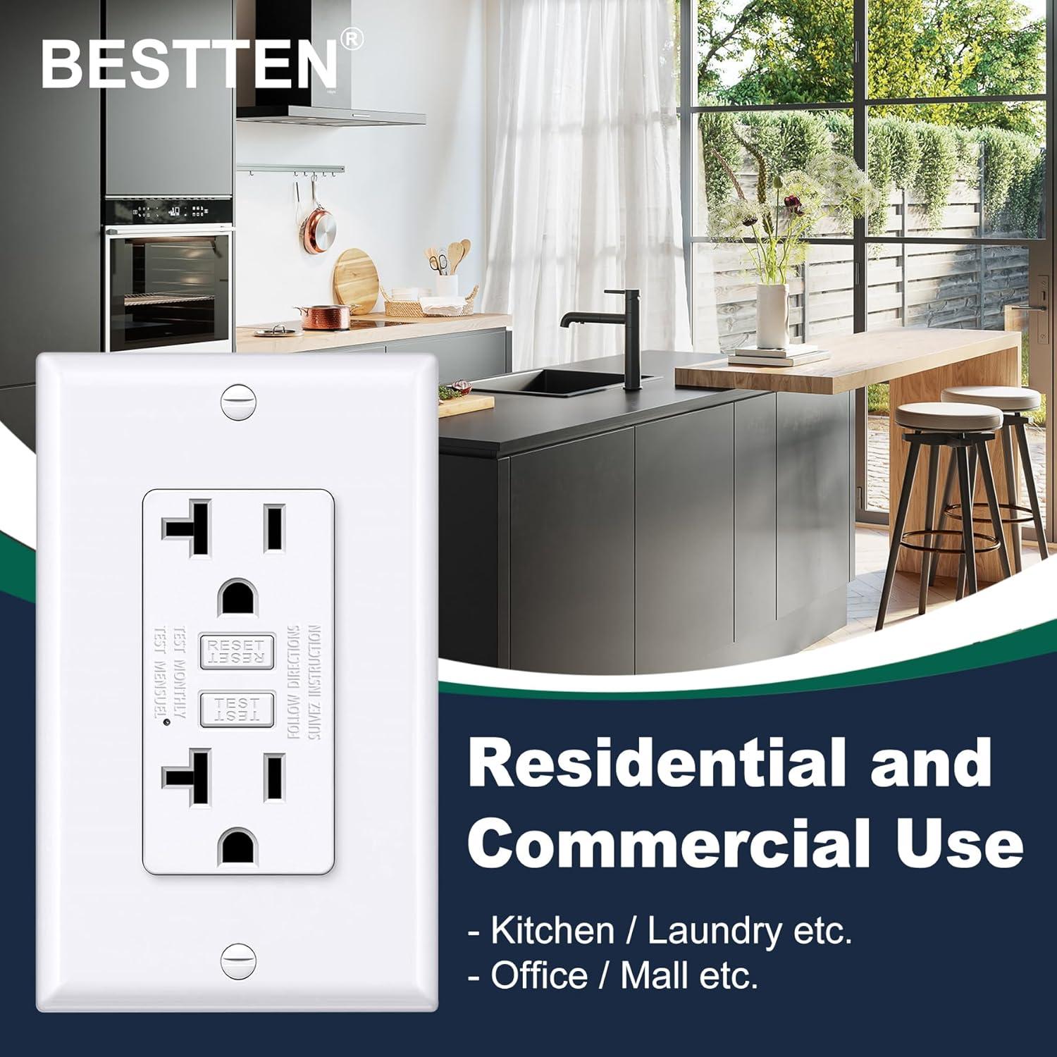 imageBESTTEN 20 Amp GFCI Outlet with Thinner Design GFI Electrical Outlet with LED Indicator NonTamperResistant GFCI Receptacle Wallplate Included ETL Certified 10 Pack White20 Amp