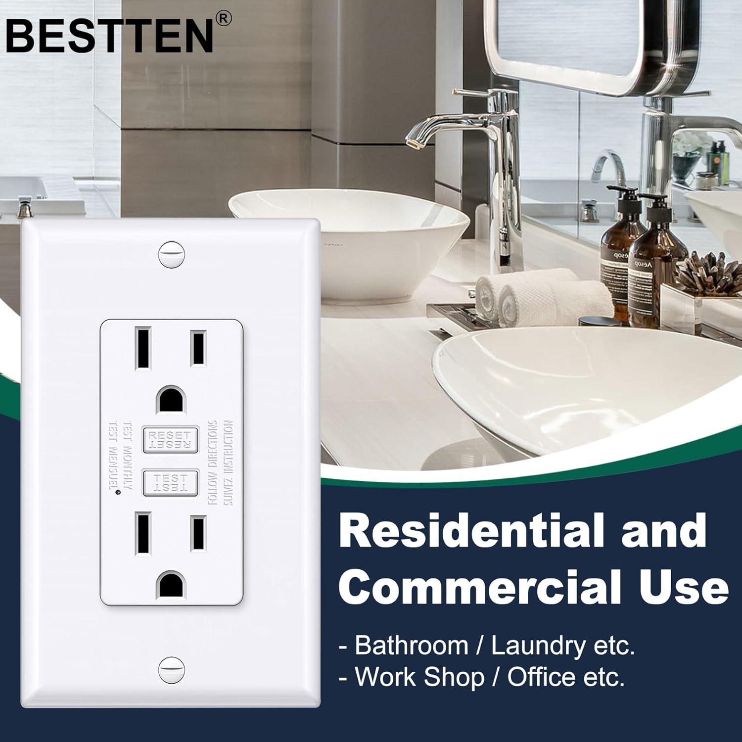 imageBESTTEN 20 Amp GFCI Outlet with Thinner Design GFI Electrical Outlet with LED Indicator NonTamperResistant GFCI Receptacle Wallplate Included ETL Certified 10 Pack White15 Amp