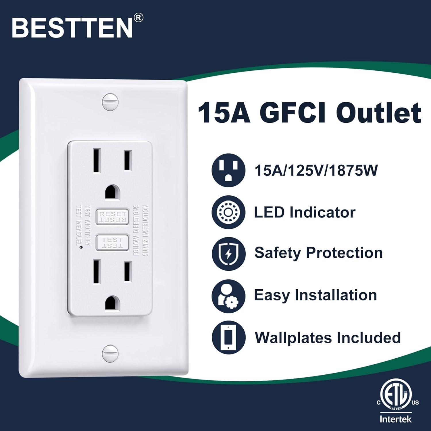 imageBESTTEN 20 Amp GFCI Outlet with Thinner Design GFI Electrical Outlet with LED Indicator NonTamperResistant GFCI Receptacle Wallplate Included ETL Certified 10 Pack White15 Amp