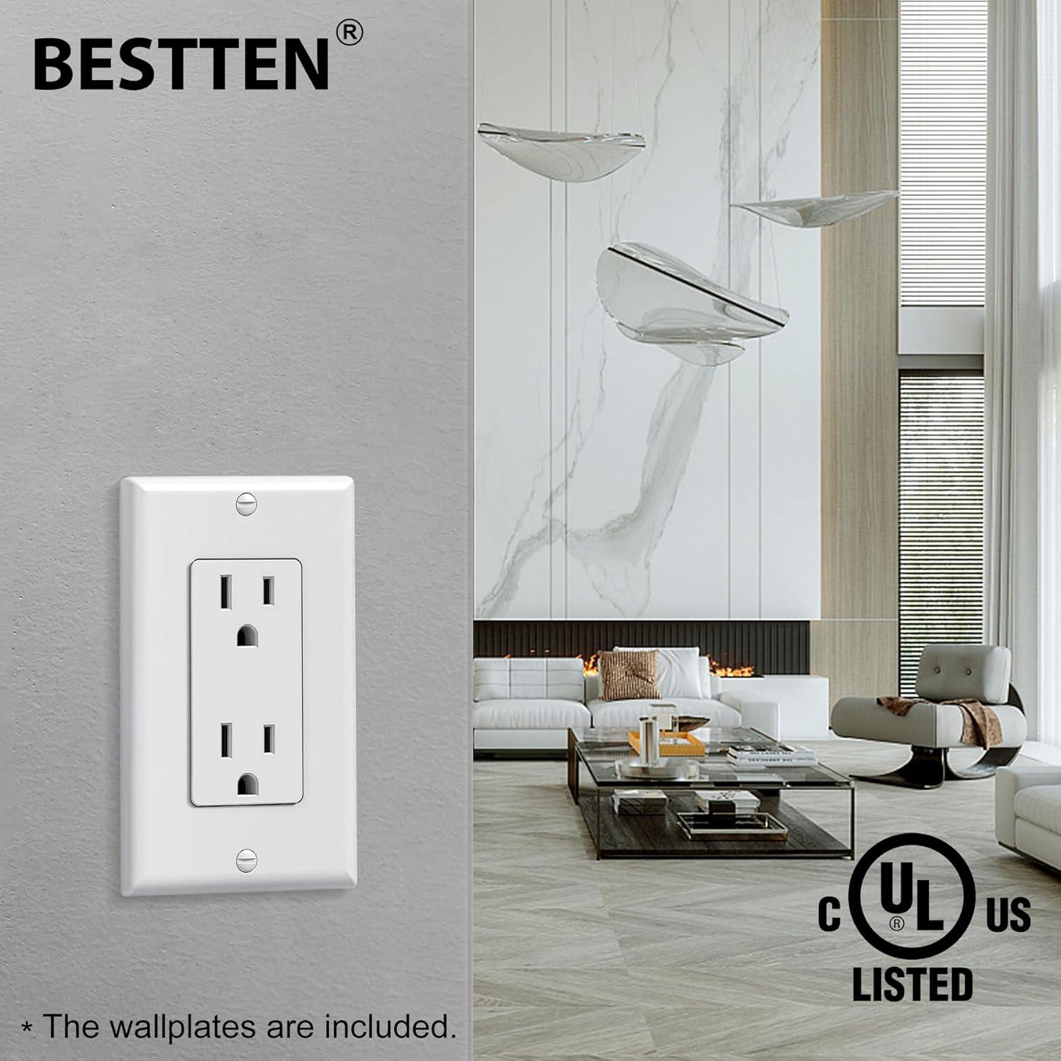 imageBESTTEN 20 Pack 15 Amp Decorator Wall Receptacle Outlet NonTamperResistant Wallplate Included 15A125V1875W UL Listed White15 Amp