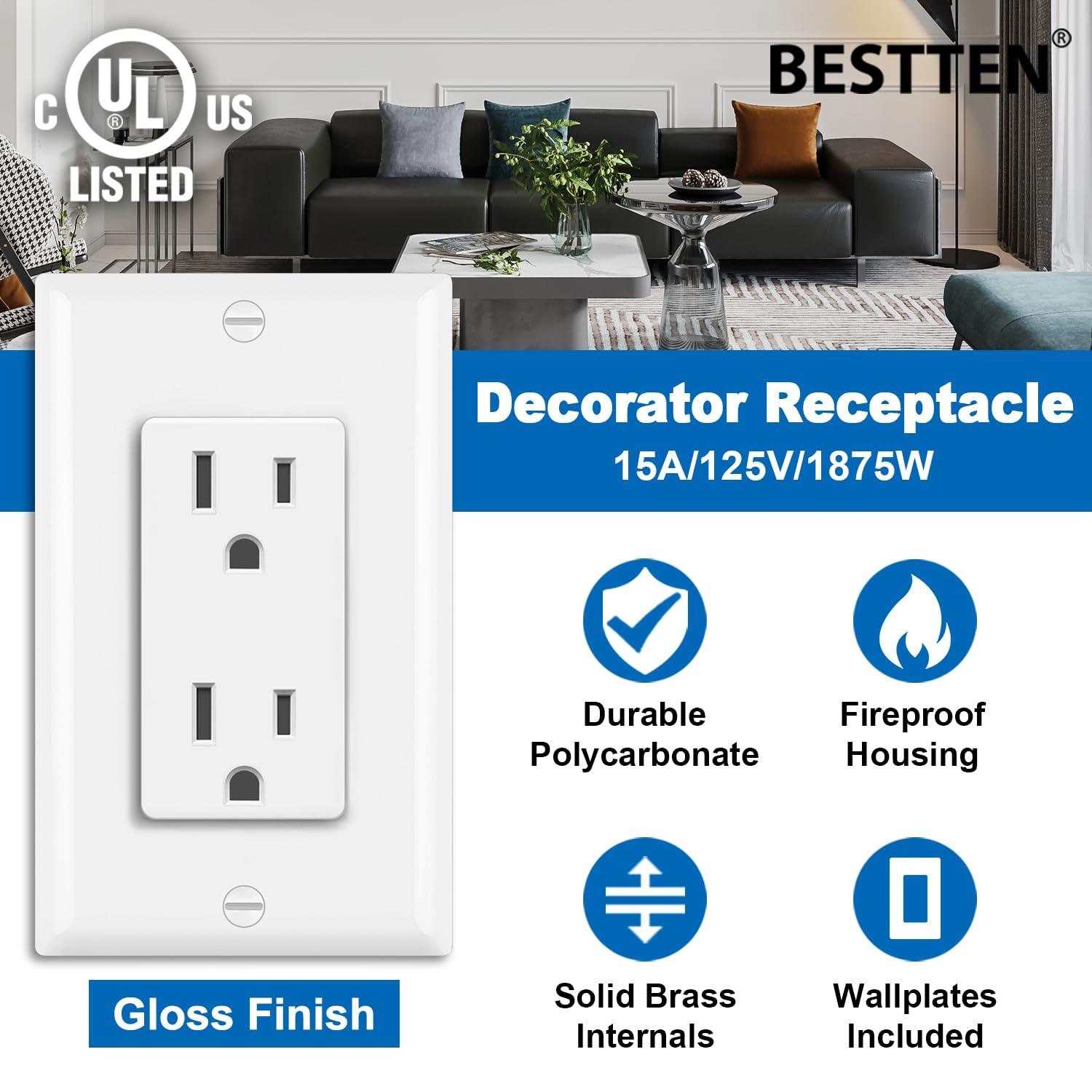 imageBESTTEN 20 Pack 15 Amp Decorator Wall Receptacle Outlet NonTamperResistant Wallplate Included 15A125V1875W UL Listed White15 Amp