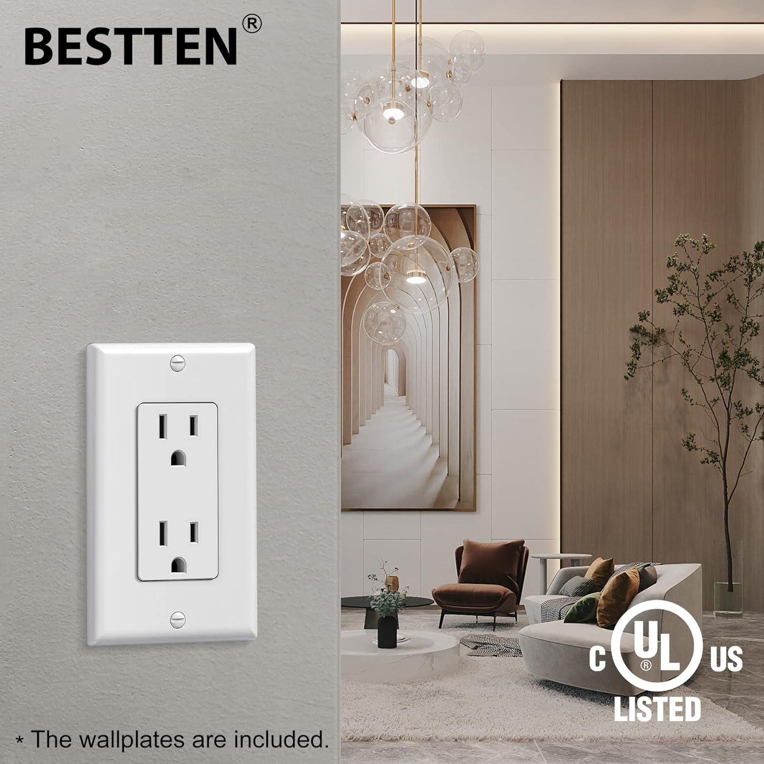 imageBESTTEN 20 Pack 15 Amp Decorator Wall Receptacle Outlet NonTamperResistant Wallplate Included 15A125V1875W UL Listed White15 Amp