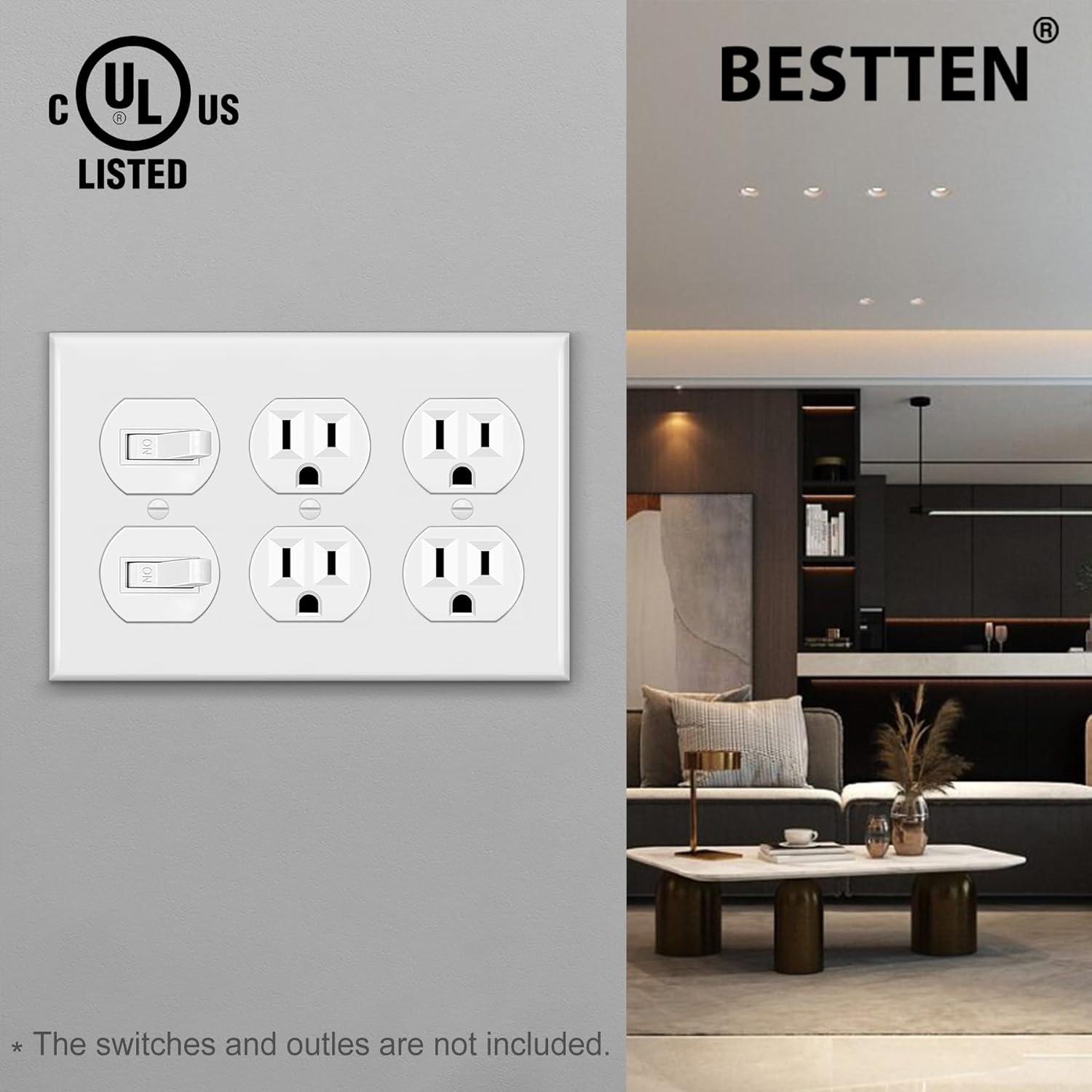 imageBESTTEN 20 Pack 1Gang Duplex Wall Plate Standard Size Unbreakable Polycarbonate Receptacle Outlet Cover and Switch Cover UL Listed WhiteWhite