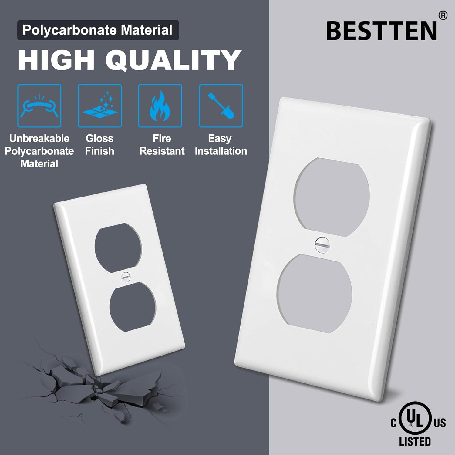 imageBESTTEN 20 Pack 1Gang Duplex Wall Plate Standard Size Unbreakable Polycarbonate Receptacle Outlet Cover and Switch Cover UL Listed WhiteWhite