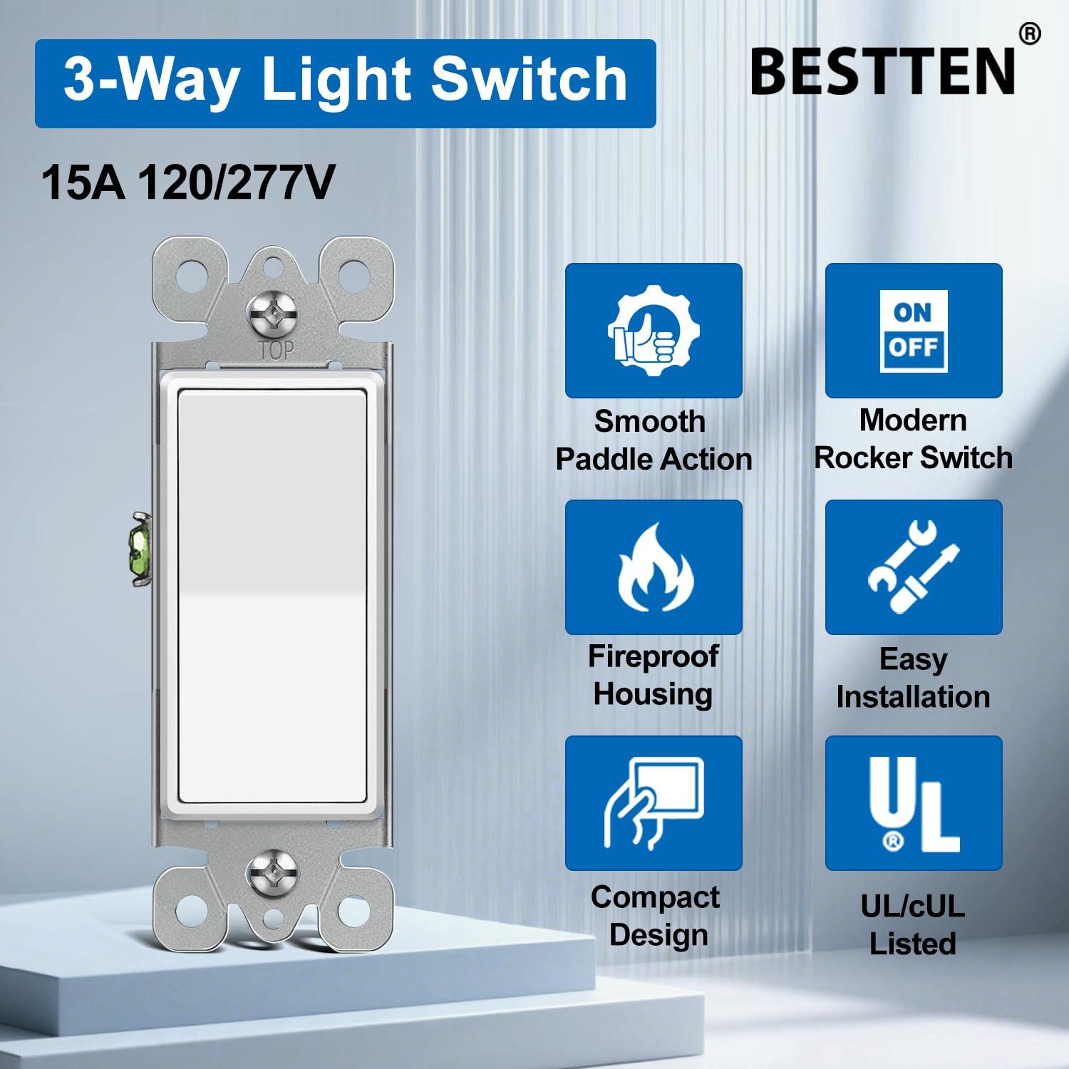 imageBESTTEN 30 Pack SinglePole Decorator Wall Light Switch 15A 120277V Paddle Wall Switch OnOff Rocker Interrupter UL Listed White3 Way