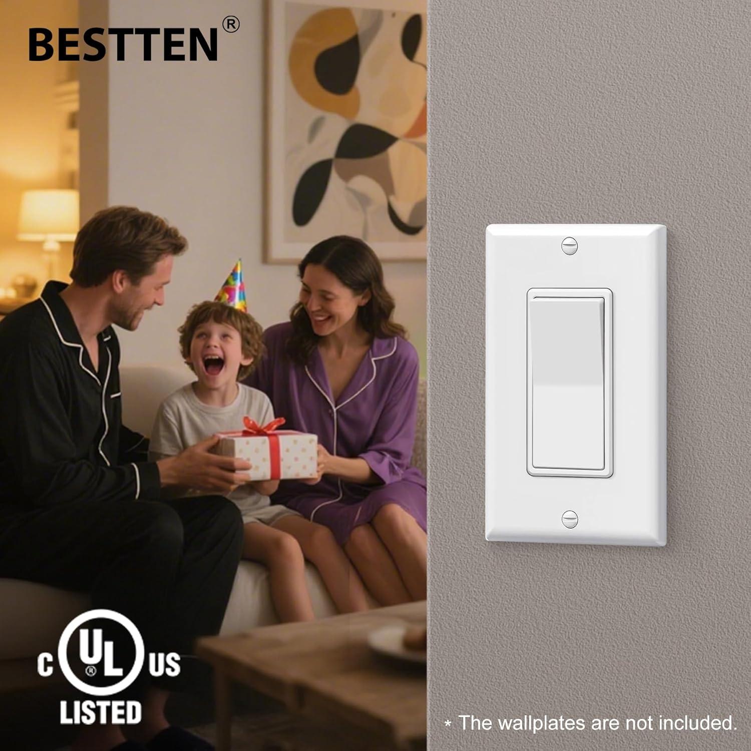 imageBESTTEN 30 Pack SinglePole Decorator Wall Light Switch 15A 120277V Paddle Wall Switch OnOff Rocker Interrupter UL Listed White3 Way