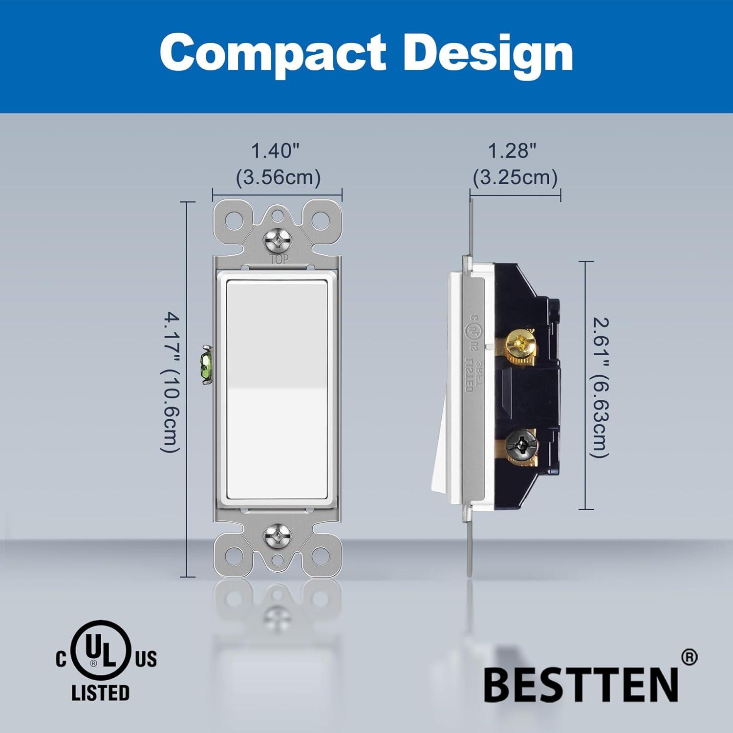 imageBESTTEN 30 Pack SinglePole Decorator Wall Light Switch 15A 120277V Paddle Wall Switch OnOff Rocker Interrupter UL Listed White3 Way