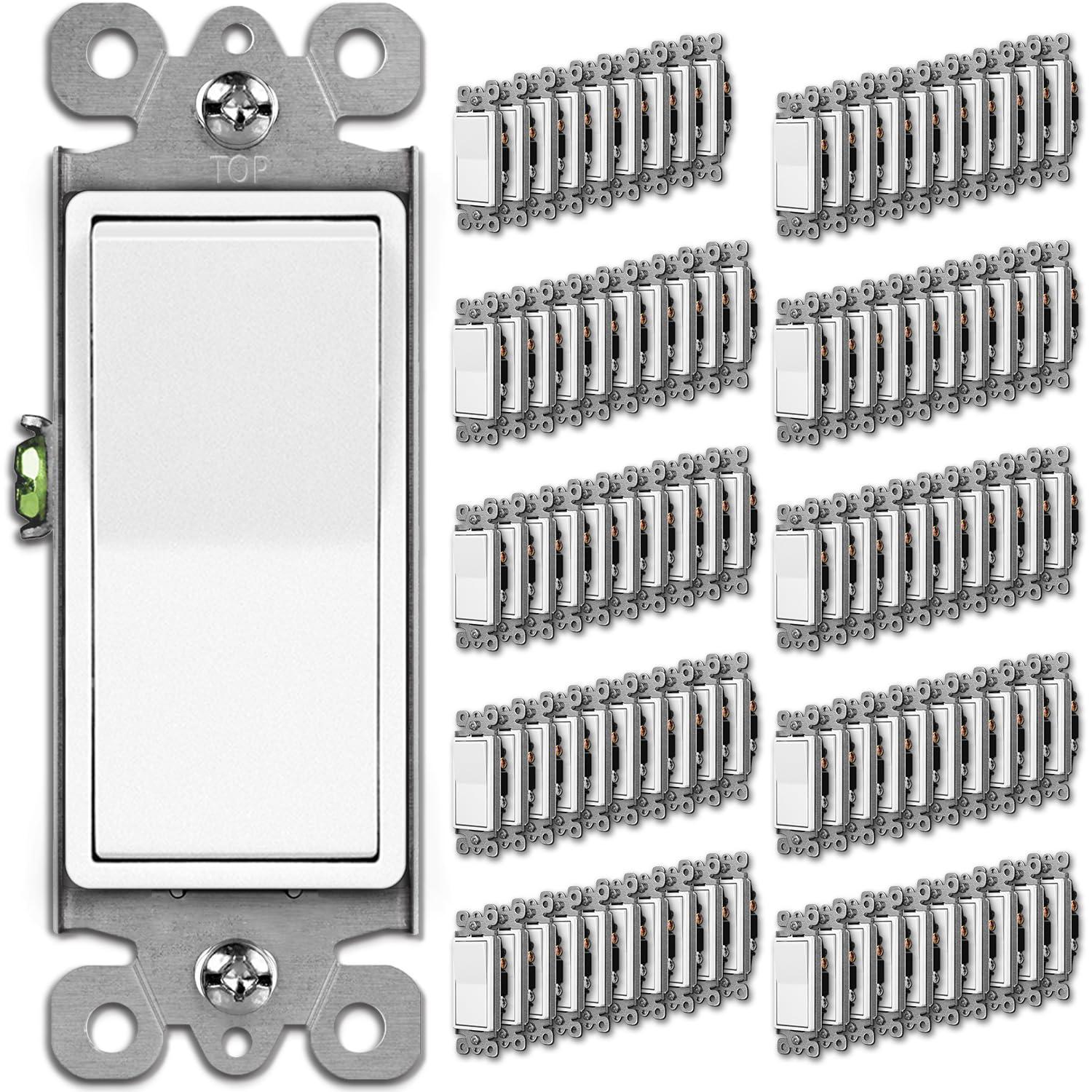 imageBESTTEN 30 Pack SinglePole Decorator Wall Light Switch 15A 120277V Paddle Wall Switch OnOff Rocker Interrupter UL Listed WhiteSingle Pole