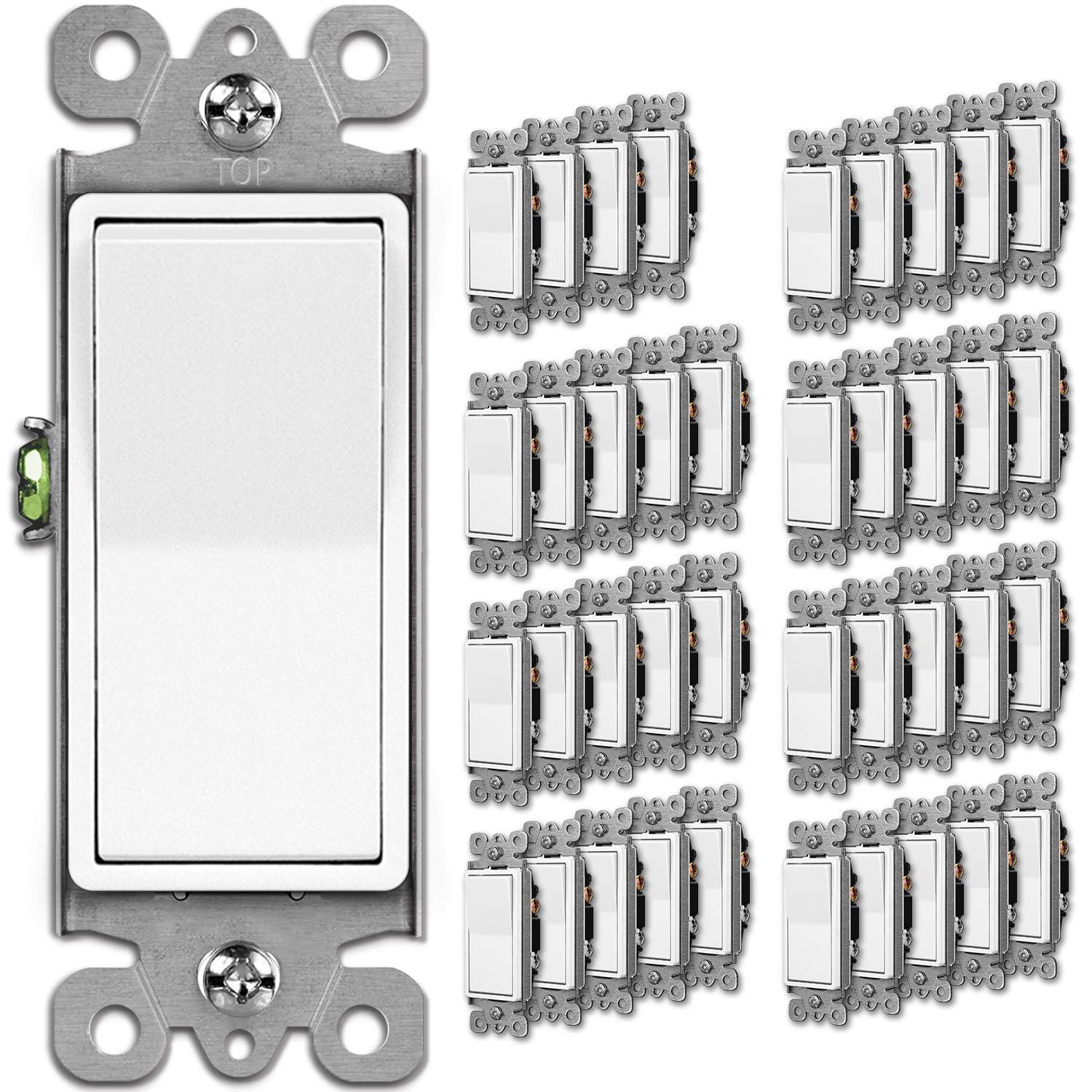 imageBESTTEN 30 Pack SinglePole Decorator Wall Light Switch 15A 120277V Paddle Wall Switch OnOff Rocker Interrupter UL Listed WhiteSingle Pole