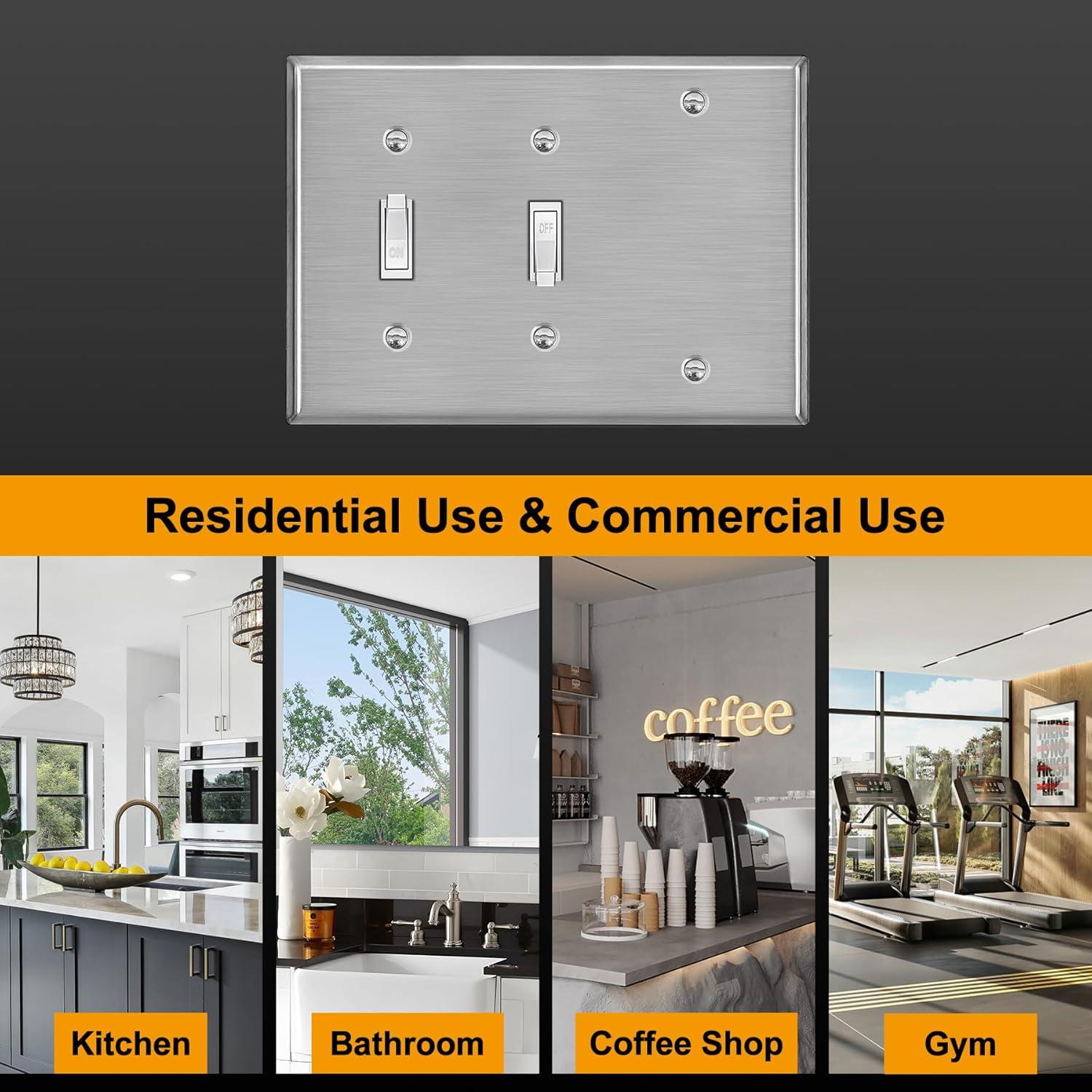 imageBESTTEN 3Gang Combo Metal Wall Plate with hite or Clear Plastic Film 1Blank2Toggle Standard Size CorrosionResistant Stainless Steel Light Switch Cover Brushed Finish 2 Pack Silver