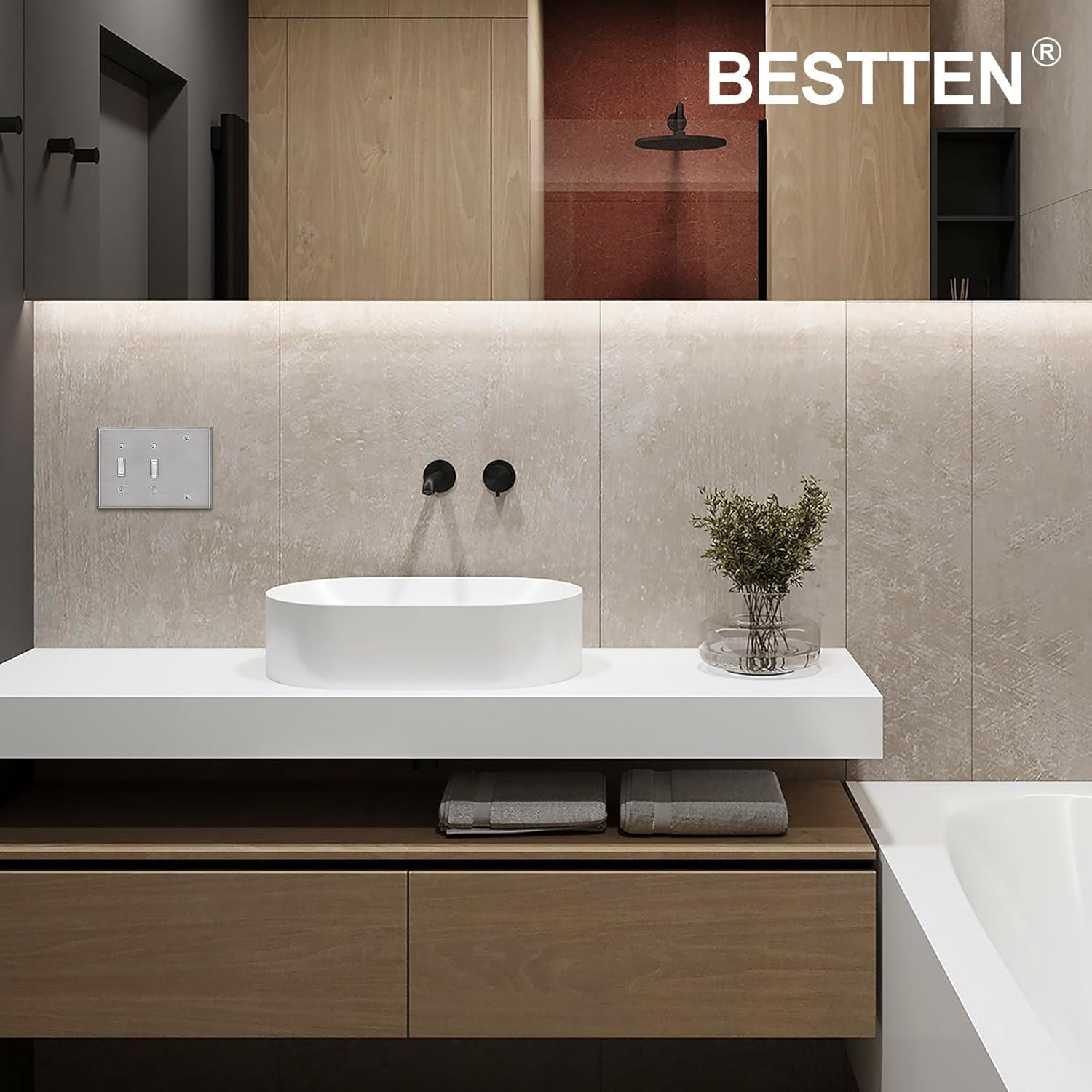 imageBESTTEN 3Gang Combo Metal Wall Plate with hite or Clear Plastic Film 1Blank2Toggle Standard Size CorrosionResistant Stainless Steel Light Switch Cover Brushed Finish 2 Pack Silver