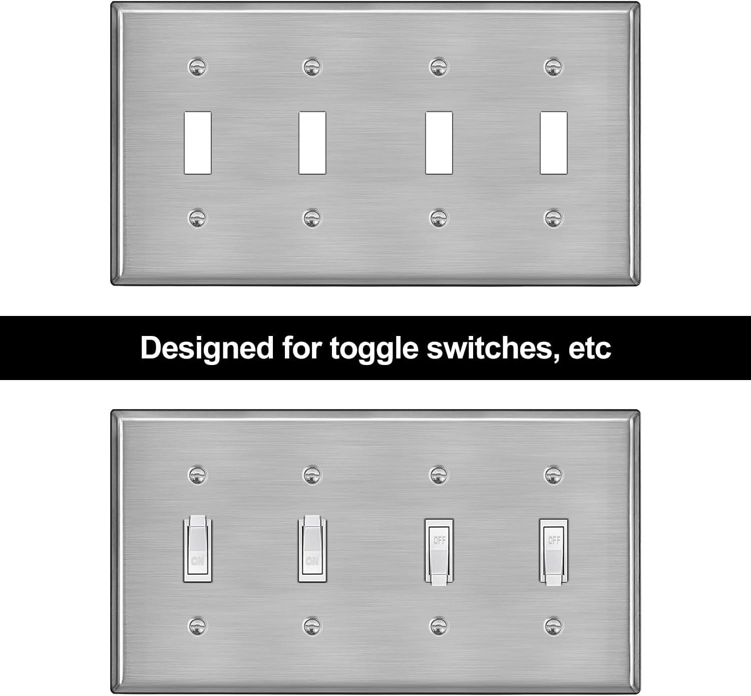 imageBESTTEN 4 Gang Toggle Switch Metal Wall Plate with hite or Clear Plastic Film Industrial Grade Stainless Steel Material Brushed Finish Stainless Steel Light Switch Cover Standard Size SilverBrushed Stainless Steel
