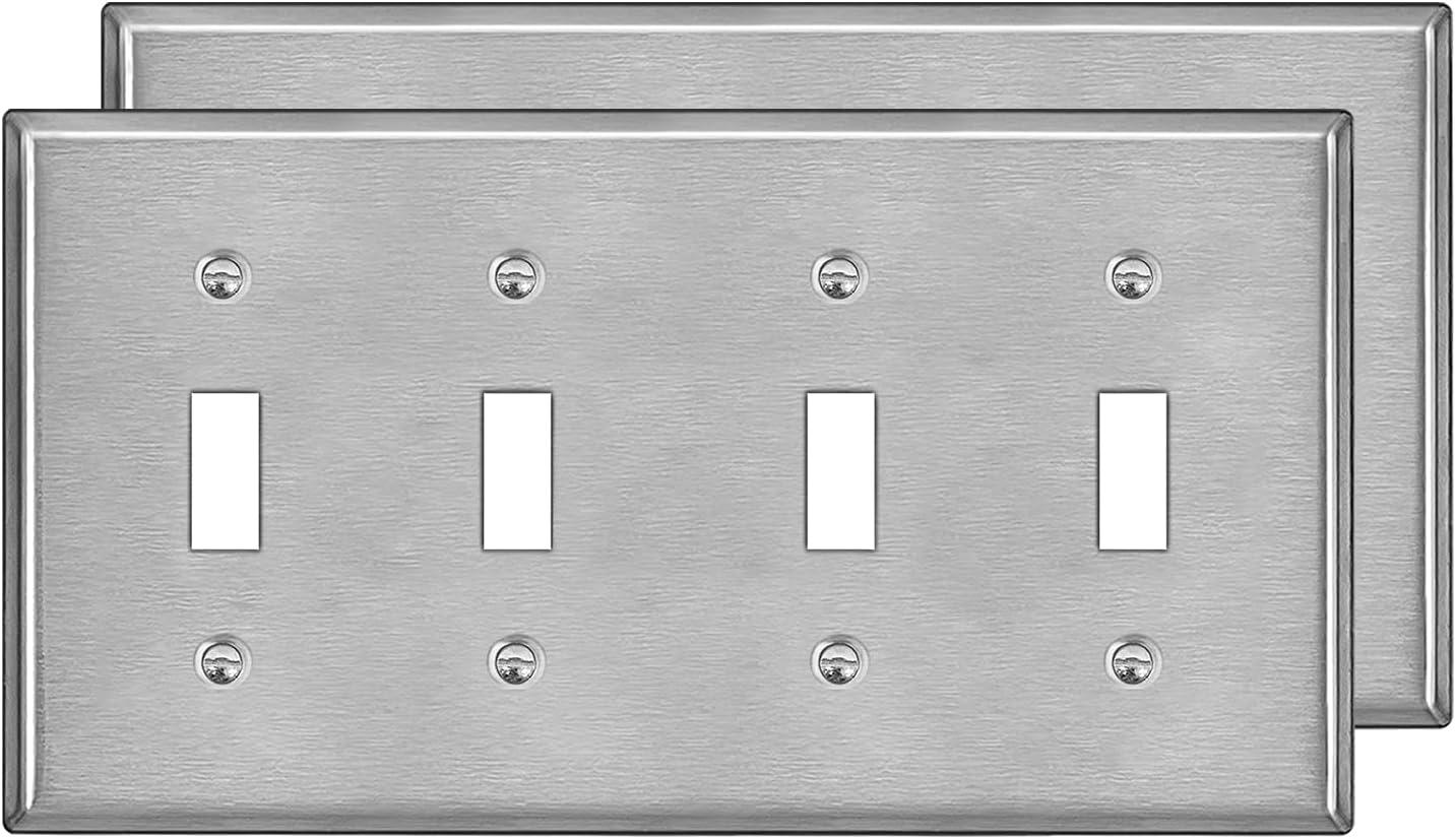 imageBESTTEN 4 Gang Toggle Switch Metal Wall Plate with hite or Clear Plastic Film Industrial Grade Stainless Steel Material Brushed Finish Stainless Steel Light Switch Cover Standard Size SilverBrushed Stainless Steel