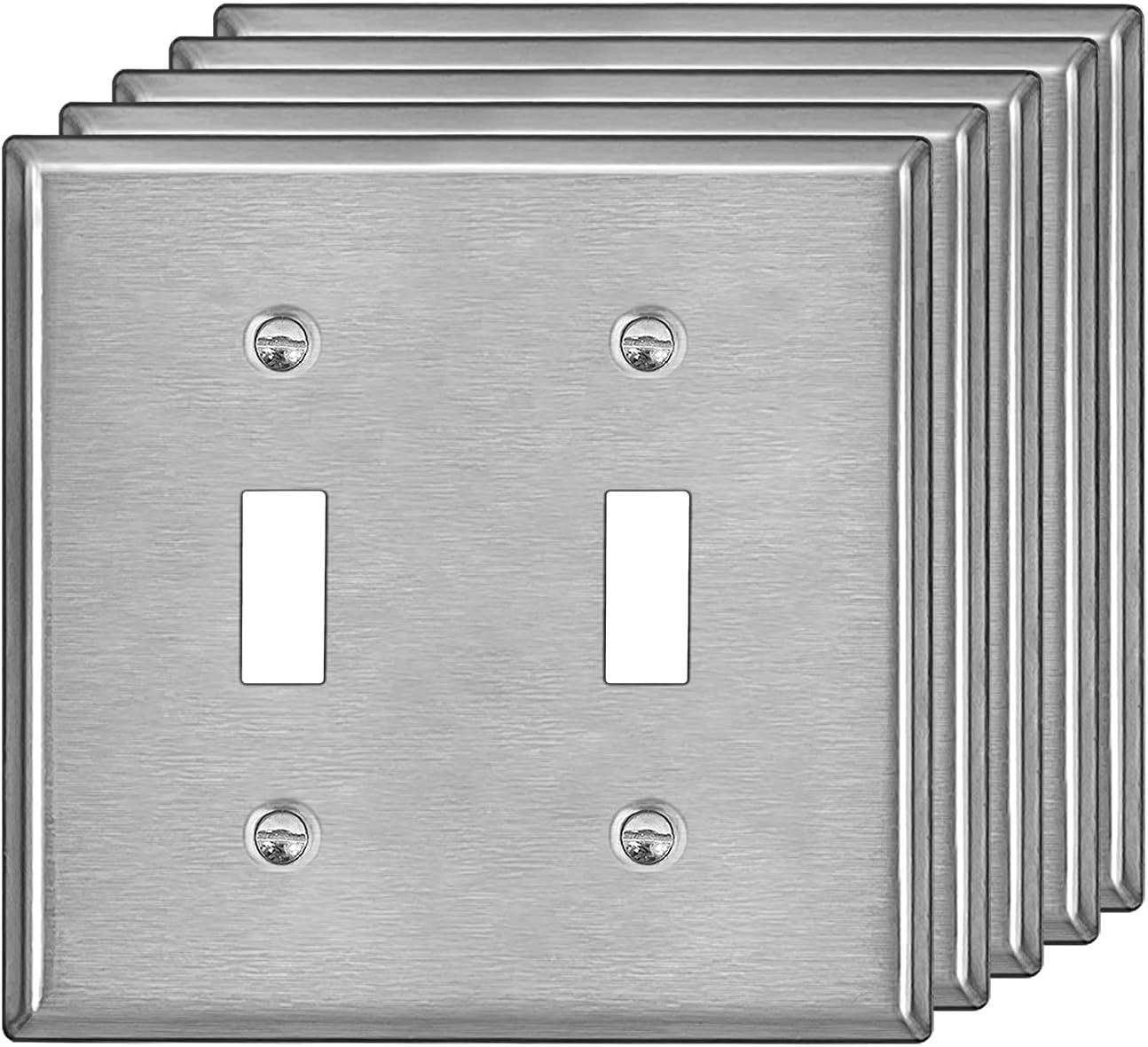 imageBESTTEN 4 Gang Toggle Switch Metal Wall Plate with hite or Clear Plastic Film Industrial Grade Stainless Steel Material Brushed Finish Stainless Steel Light Switch Cover Standard Size SilverBrushed Stainless Steel