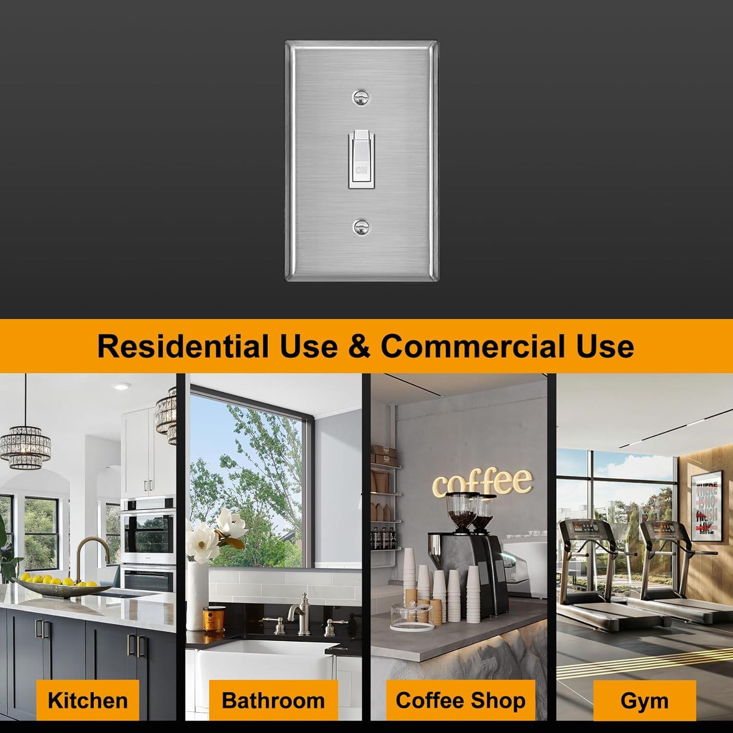 imageBESTTEN 4 Gang Toggle Switch Metal Wall Plate with hite or Clear Plastic Film Industrial Grade Stainless Steel Material Brushed Finish Stainless Steel Light Switch Cover Standard Size SilverBrushed Stainless Steel