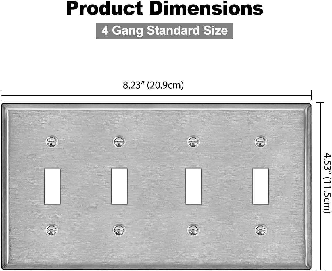 imageBESTTEN 4 Gang Toggle Switch Metal Wall Plate with hite or Clear Plastic Film Industrial Grade Stainless Steel Material Brushed Finish Stainless Steel Light Switch Cover Standard Size SilverBrushed Stainless Steel