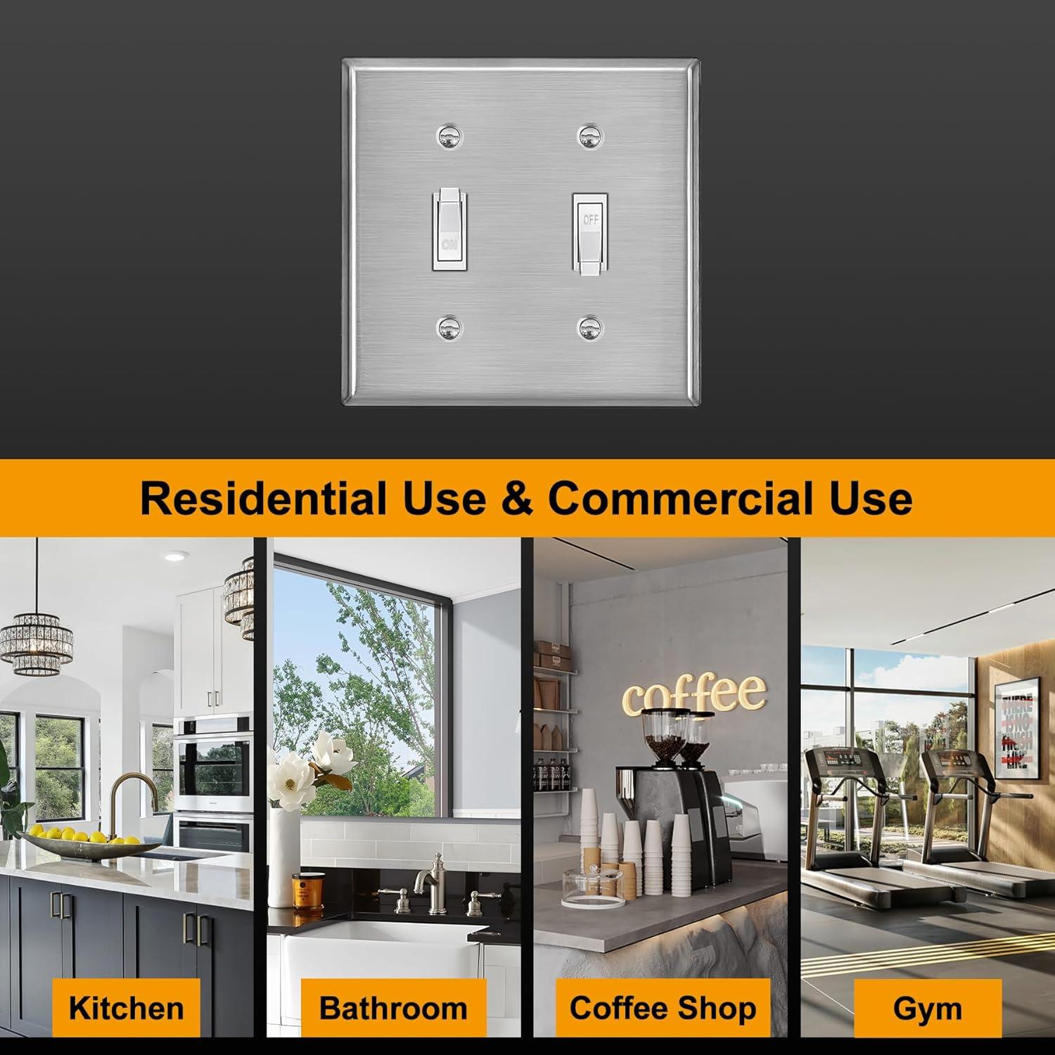 imageBESTTEN 4 Gang Toggle Switch Metal Wall Plate with hite or Clear Plastic Film Industrial Grade Stainless Steel Material Brushed Finish Stainless Steel Light Switch Cover Standard Size SilverBrushed Stainless Steel