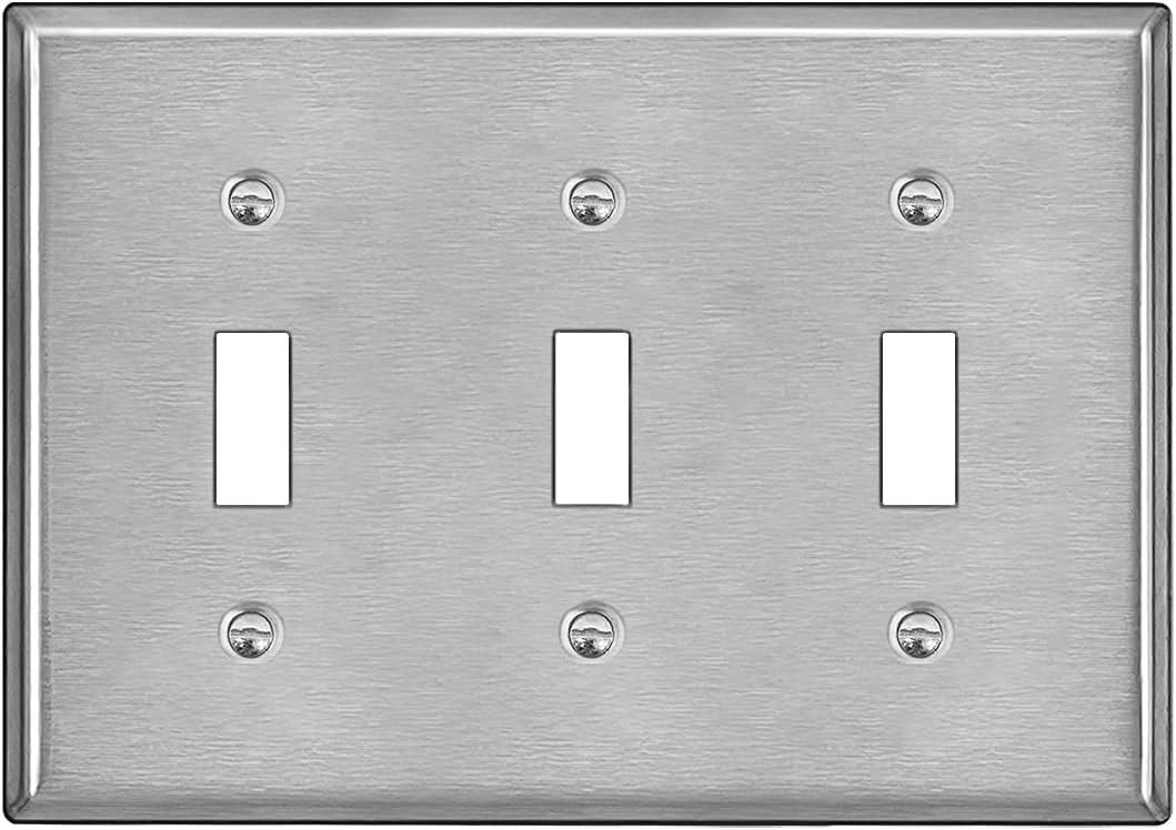 imageBESTTEN 4 Gang Toggle Switch Metal Wall Plate with hite or Clear Plastic Film Industrial Grade Stainless Steel Material Brushed Finish Stainless Steel Light Switch Cover Standard Size SilverBrushed Stainless Steel