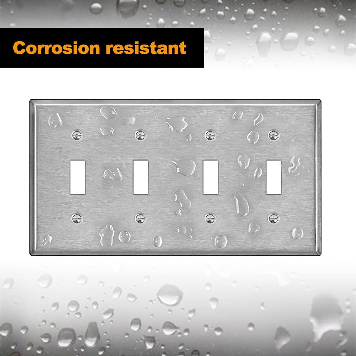 imageBESTTEN 4 Gang Toggle Switch Metal Wall Plate with hite or Clear Plastic Film Industrial Grade Stainless Steel Material Brushed Finish Stainless Steel Light Switch Cover Standard Size SilverBrushed Stainless Steel