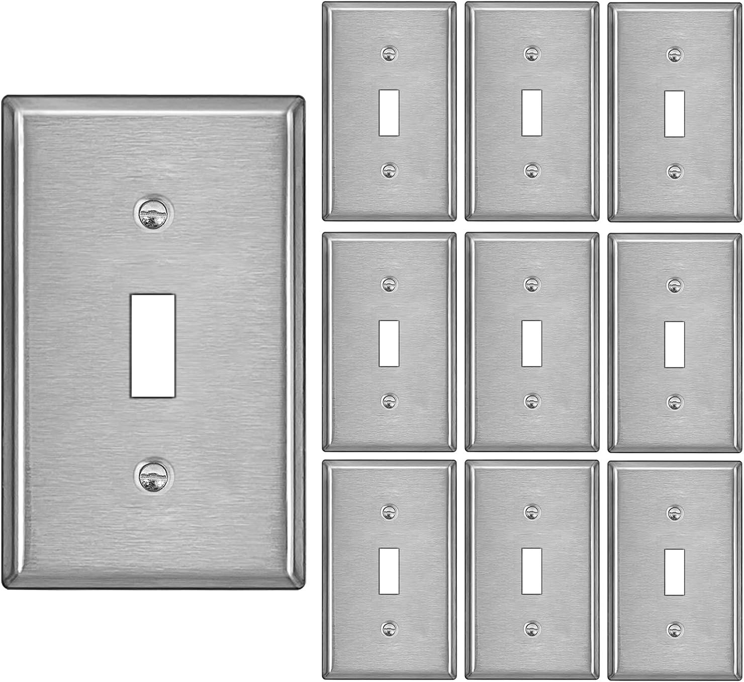 imageBESTTEN 4 Gang Toggle Switch Metal Wall Plate with hite or Clear Plastic Film Industrial Grade Stainless Steel Material Brushed Finish Stainless Steel Light Switch Cover Standard Size SilverBrushed Stainless Steel
