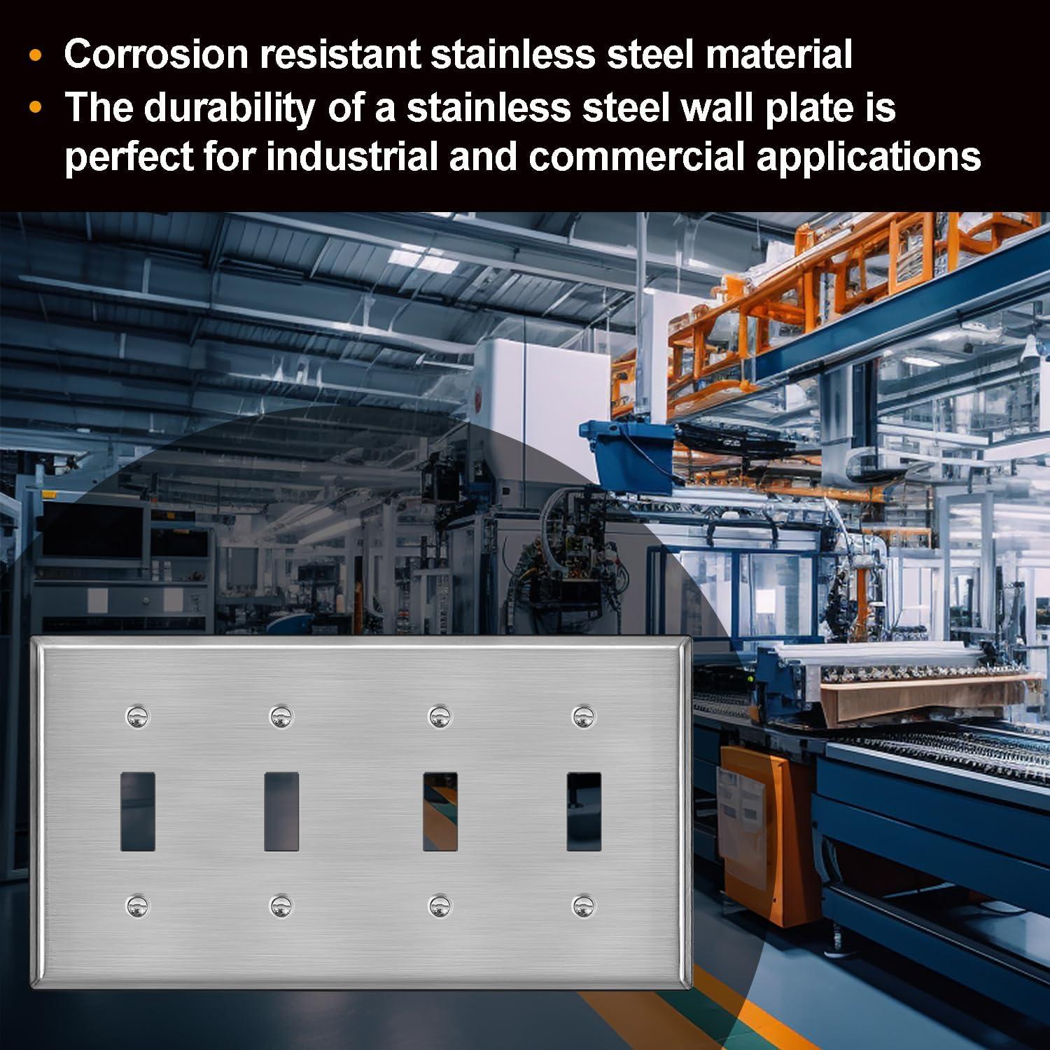 imageBESTTEN 4 Gang Toggle Switch Metal Wall Plate with hite or Clear Plastic Film Industrial Grade Stainless Steel Material Brushed Finish Stainless Steel Light Switch Cover Standard Size SilverBrushed Stainless Steel