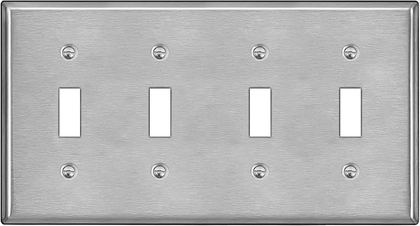 imageBESTTEN 4 Gang Toggle Switch Metal Wall Plate with hite or Clear Plastic Film Industrial Grade Stainless Steel Material Brushed Finish Stainless Steel Light Switch Cover Standard Size SilverBrushed Stainless Steel