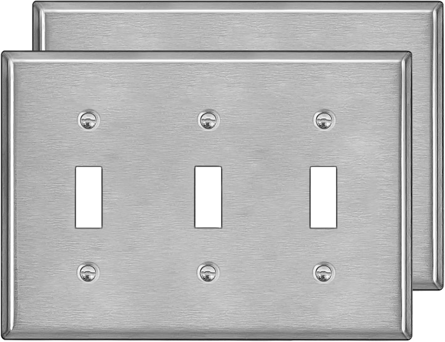 imageBESTTEN 4 Gang Toggle Switch Metal Wall Plate with hite or Clear Plastic Film Industrial Grade Stainless Steel Material Brushed Finish Stainless Steel Light Switch Cover Standard Size SilverBrushed Stainless Steel