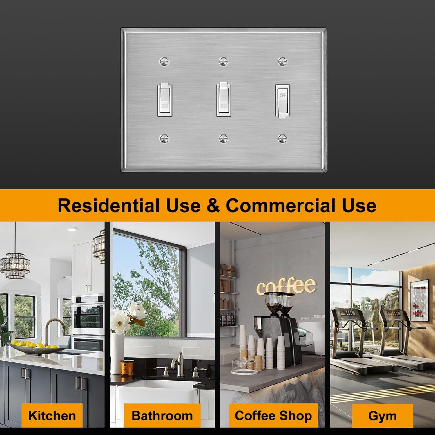 imageBESTTEN 4 Gang Toggle Switch Metal Wall Plate with hite or Clear Plastic Film Industrial Grade Stainless Steel Material Brushed Finish Stainless Steel Light Switch Cover Standard Size SilverBrushed Stainless Steel