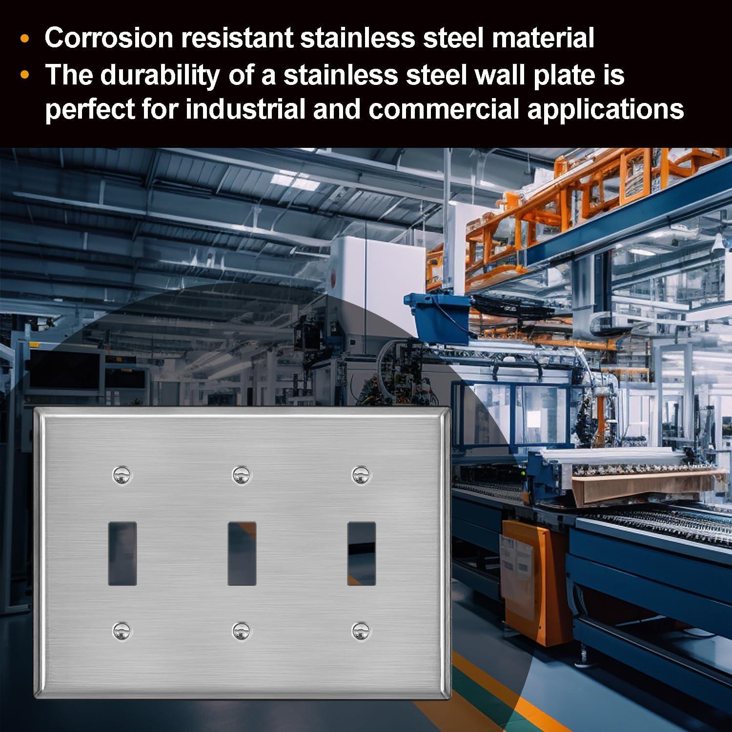 imageBESTTEN 4 Gang Toggle Switch Metal Wall Plate with hite or Clear Plastic Film Industrial Grade Stainless Steel Material Brushed Finish Stainless Steel Light Switch Cover Standard Size SilverBrushed Stainless Steel